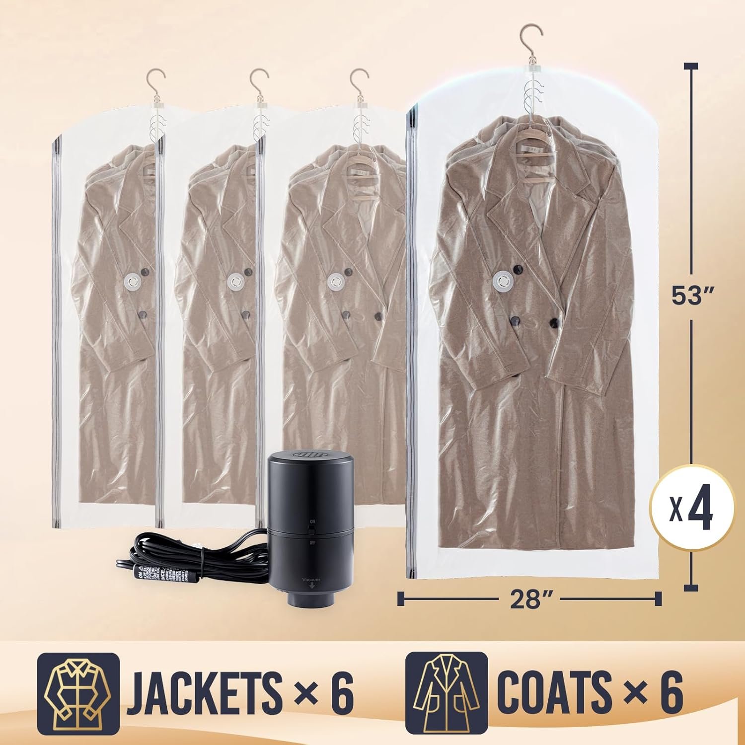 Private Label Hanging Vacuum Storage Bags with Electric Pump and Vacuum Seal for Clothing Travel Custom Logo Space Saver Closet Organizer for Clothes Coats Suits Jackets Direct from Manufacturer 4 Long(53x28 in)