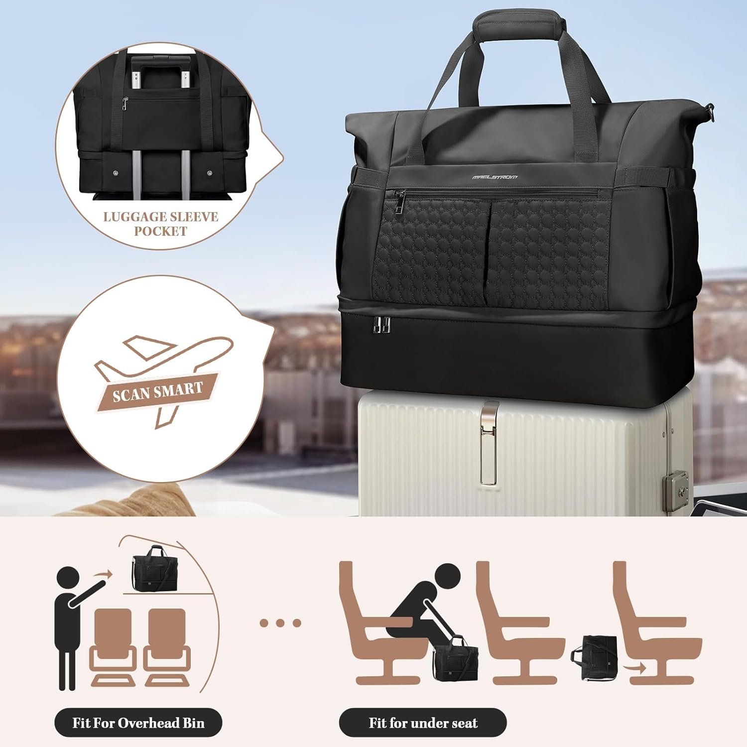 Custom Logo 40L Gym Bag for Women Travel Duffel with Shoe Compartment Wet Pocket Private Label Waterproof Carry On Weekender Tote Swimming Yoga Hospital Holdall Factory Black