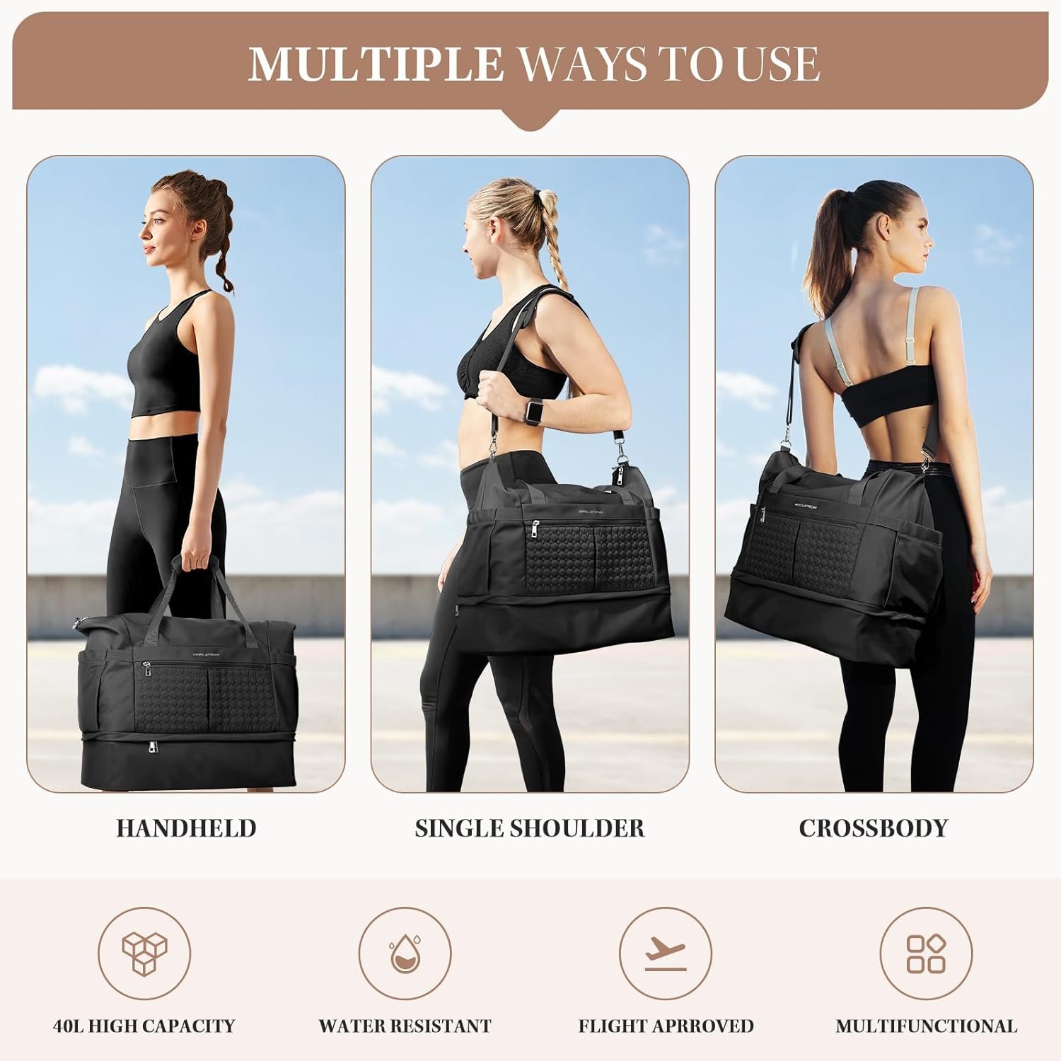 Custom Logo 40L Gym Bag for Women Travel Duffel with Shoe Compartment Wet Pocket Private Label Waterproof Carry On Weekender Tote Swimming Yoga Hospital Holdall Factory Black