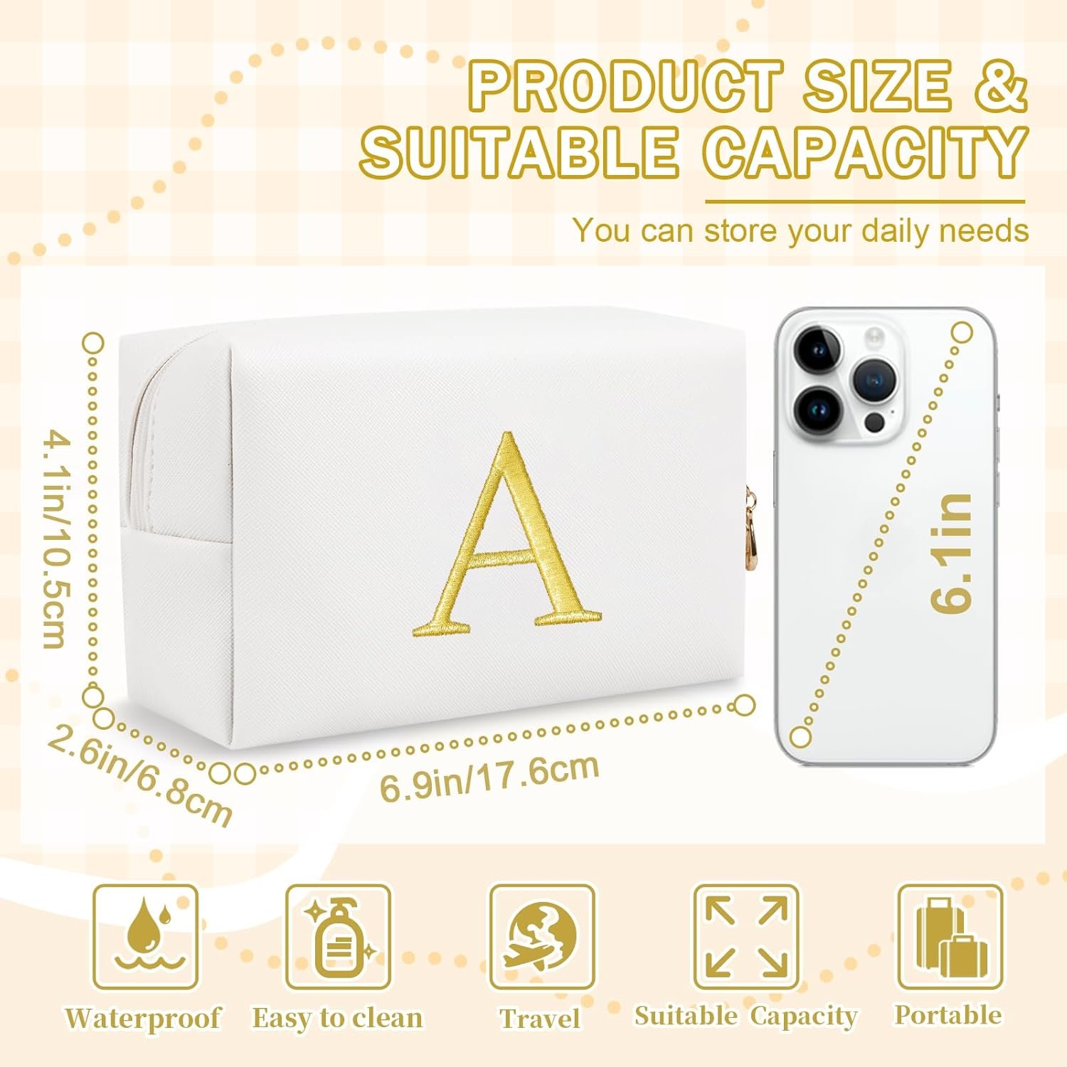 Manufacturer Personalized Initial Makeup Bag Preppy Gold Embroidered Letter Cosmetic Bag Private Label Small Travel Toiletry Bag Stocking Stuffers for Teen Girls Custom Logo Christmas Birthday Gift for Women Mom Kids (White-A)