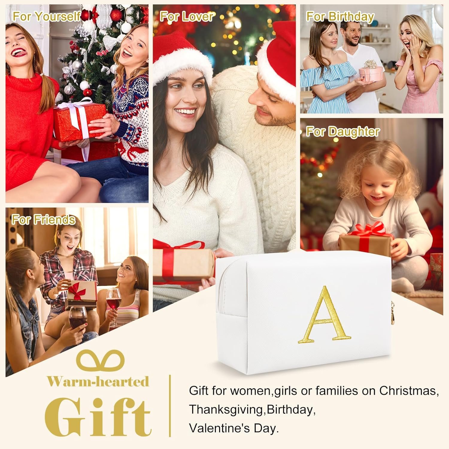 Manufacturer Personalized Initial Makeup Bag Preppy Gold Embroidered Letter Cosmetic Bag Private Label Small Travel Toiletry Bag Stocking Stuffers for Teen Girls Custom Logo Christmas Birthday Gift for Women Mom Kids (White-A)