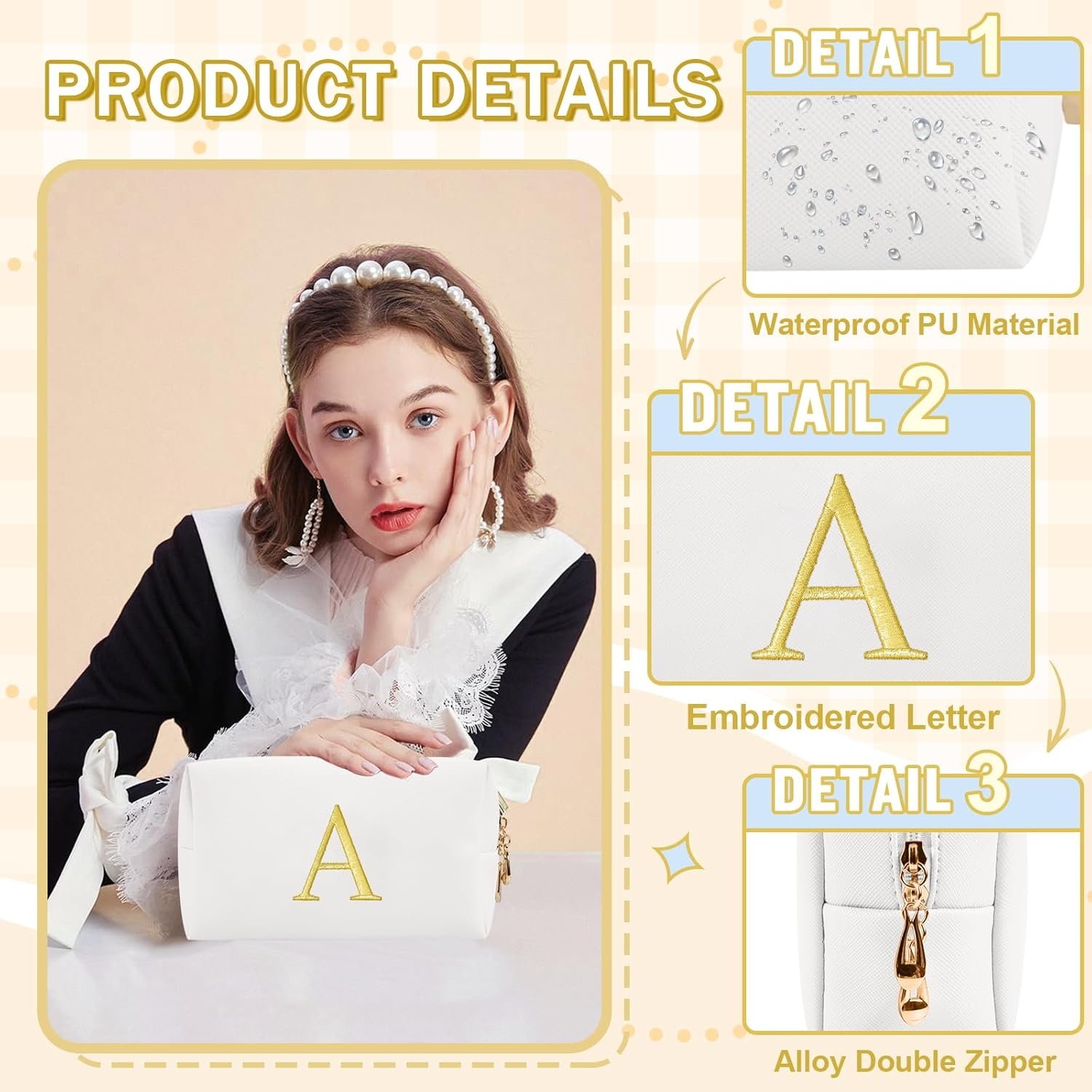 Manufacturer Personalized Initial Makeup Bag Preppy Gold Embroidered Letter Cosmetic Bag Private Label Small Travel Toiletry Bag Stocking Stuffers for Teen Girls Custom Logo Christmas Birthday Gift for Women Mom Kids (White-A)