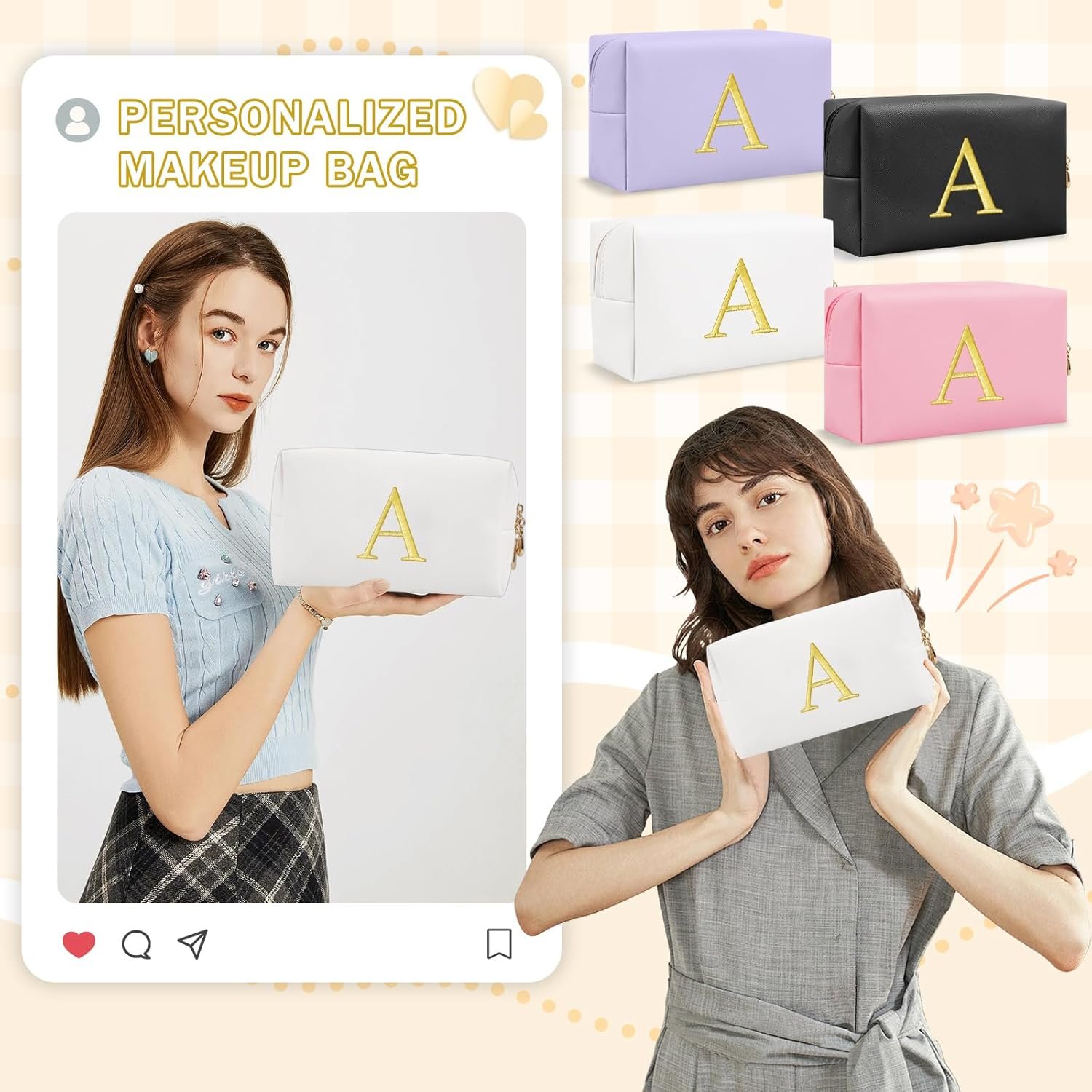 Manufacturer Personalized Initial Makeup Bag Preppy Gold Embroidered Letter Cosmetic Bag Private Label Small Travel Toiletry Bag Stocking Stuffers for Teen Girls Custom Logo Christmas Birthday Gift for Women Mom Kids (White-A)