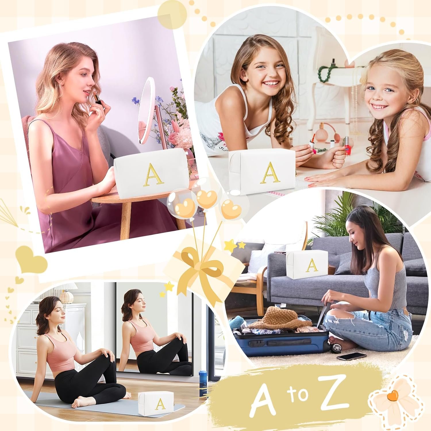 Manufacturer Personalized Initial Makeup Bag Preppy Gold Embroidered Letter Cosmetic Bag Private Label Small Travel Toiletry Bag Stocking Stuffers for Teen Girls Custom Logo Christmas Birthday Gift for Women Mom Kids (White-A)