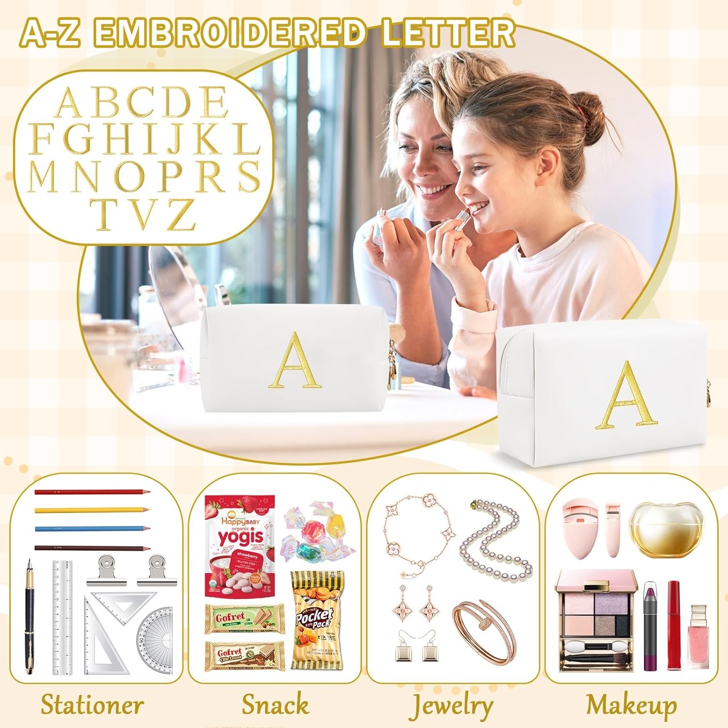 Manufacturer Personalized Initial Makeup Bag Preppy Gold Embroidered Letter Cosmetic Bag Private Label Small Travel Toiletry Bag Stocking Stuffers for Teen Girls Custom Logo Christmas Birthday Gift for Women Mom Kids (White-A)