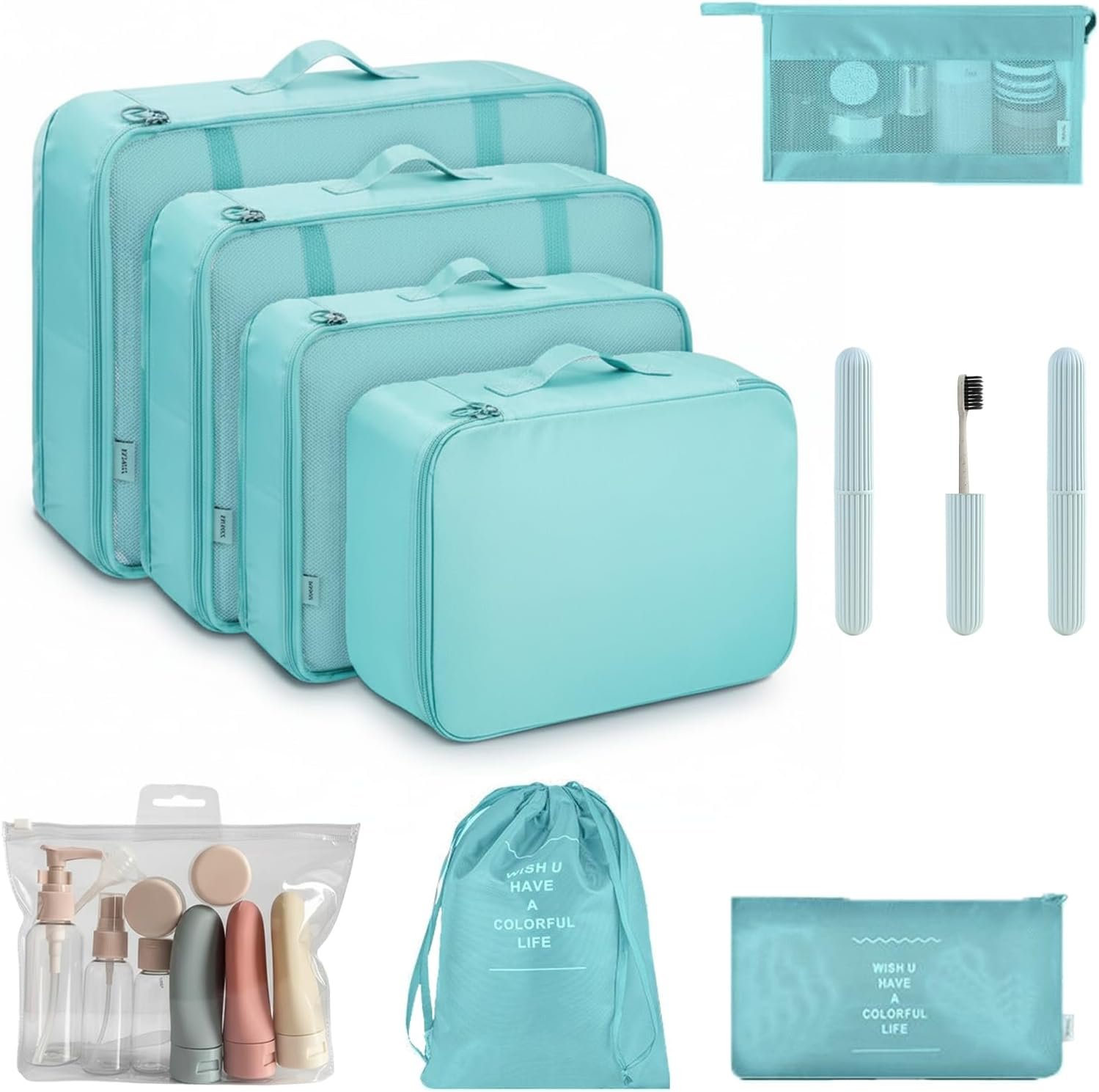 Custom Logo 11-Piece Packing Cubes for Travel Gifts for Women Mom Anti-Tearing Suitcase Organizer for Luggage Shoe and Hanging Toiletry Bag Toiletries Travel Bottles Private Label 3 Portable Toothbrush Cases Factory Green