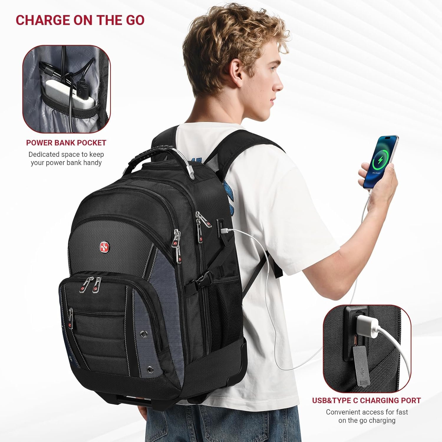 Custom Logo Rolling Wheeled Backpack with USB & Type-C Charging Port Private Label Water Resistant 21x14x9 Fits 17.3