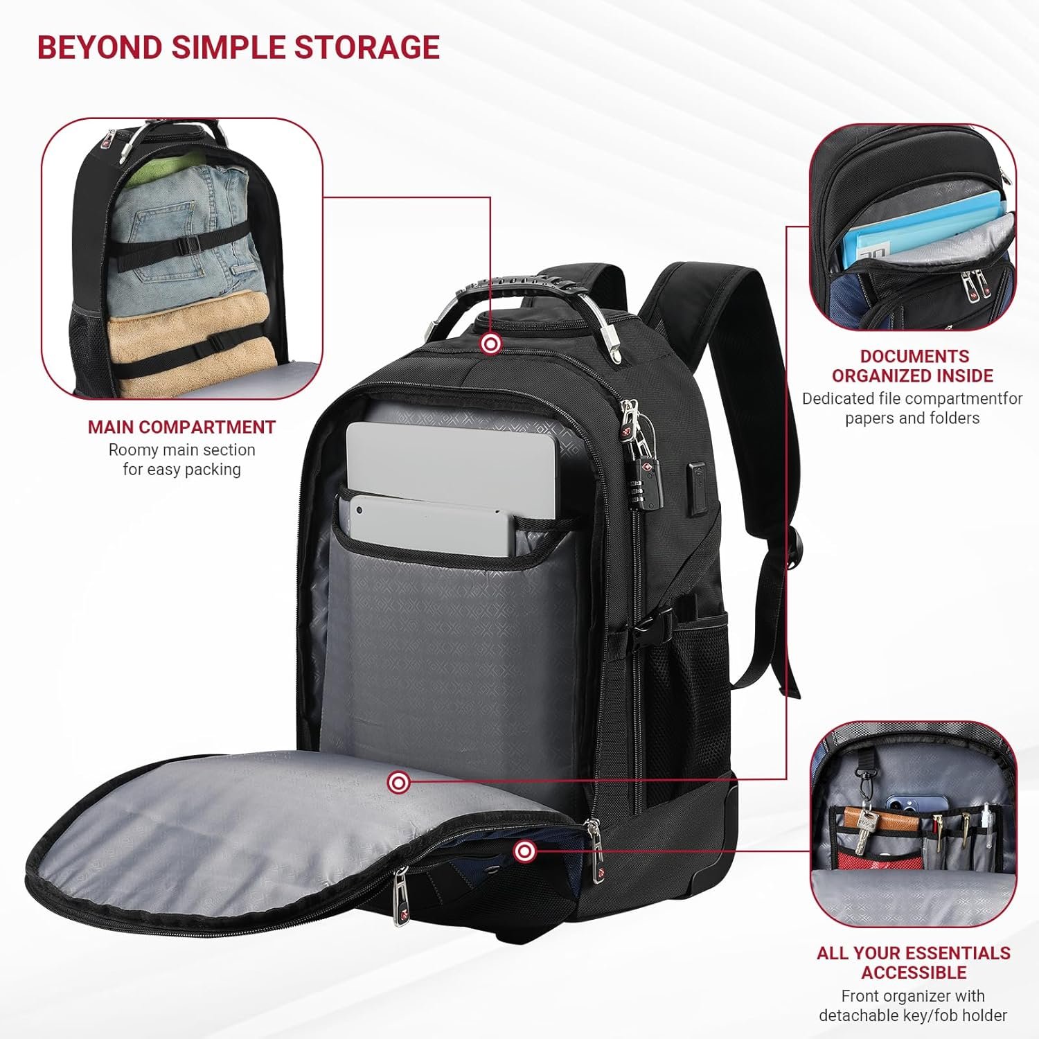 Custom Logo Rolling Wheeled Backpack with USB & Type-C Charging Port Private Label Water Resistant 21x14x9 Fits 17.3