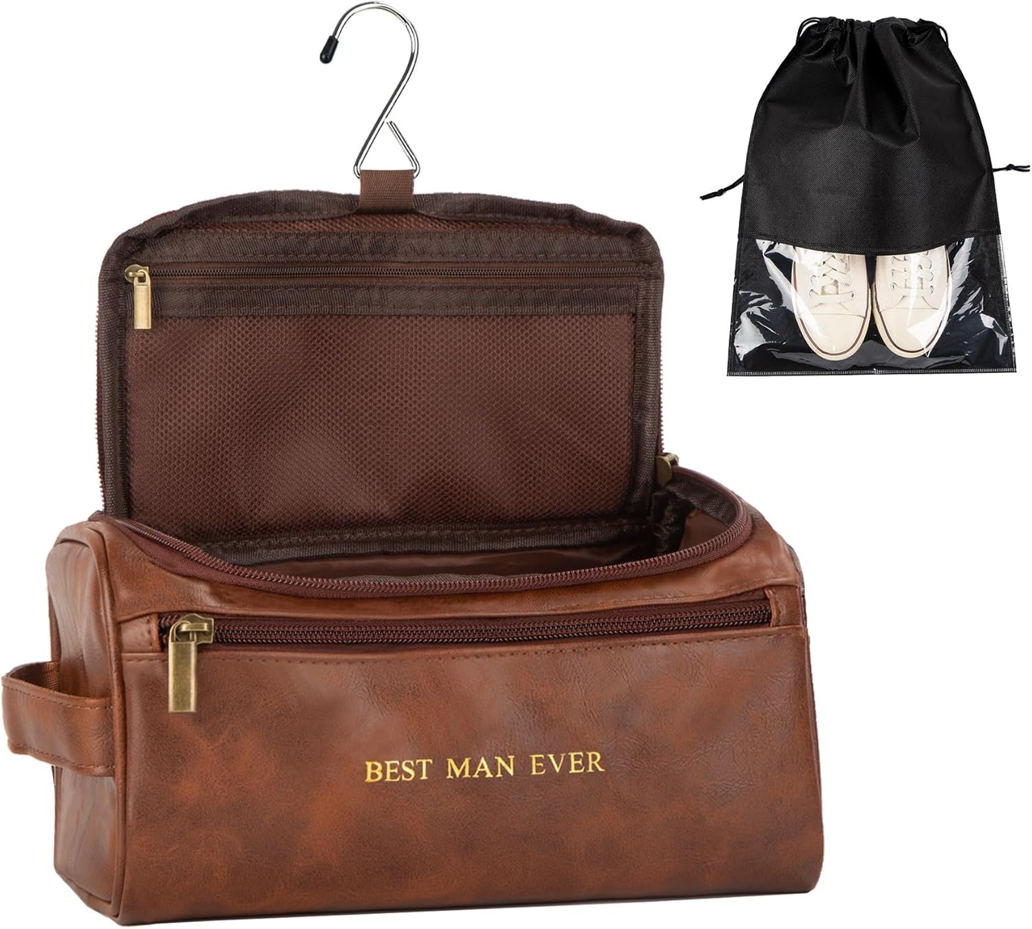 Custom Logo Mens Leather Toiletry Travel Bag Private Label Hanging Water Resistant Grooming Shaving Organizer Manufacturer Brown