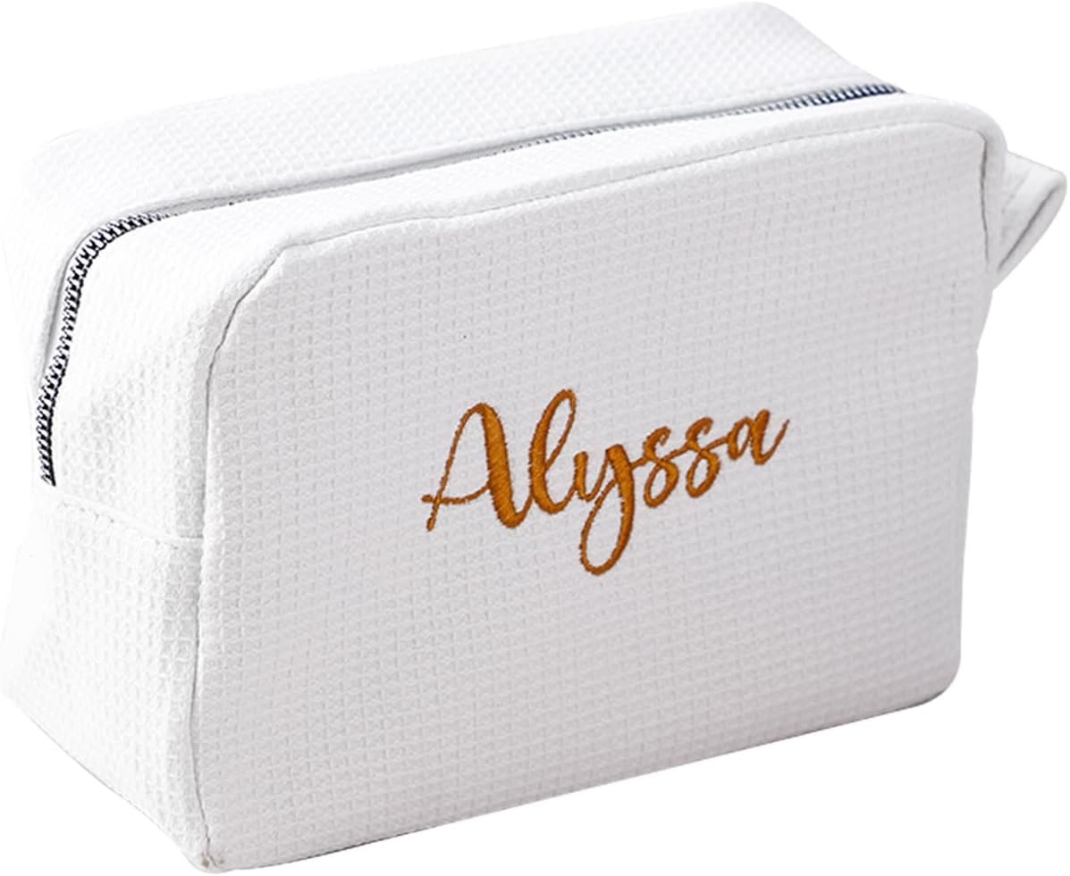 Private Label Personalized Embroidered Makeup Bag Custom Logo Waffle Fabric Cosmetic Pouch for Women Travel Manufacturer (1, White)
