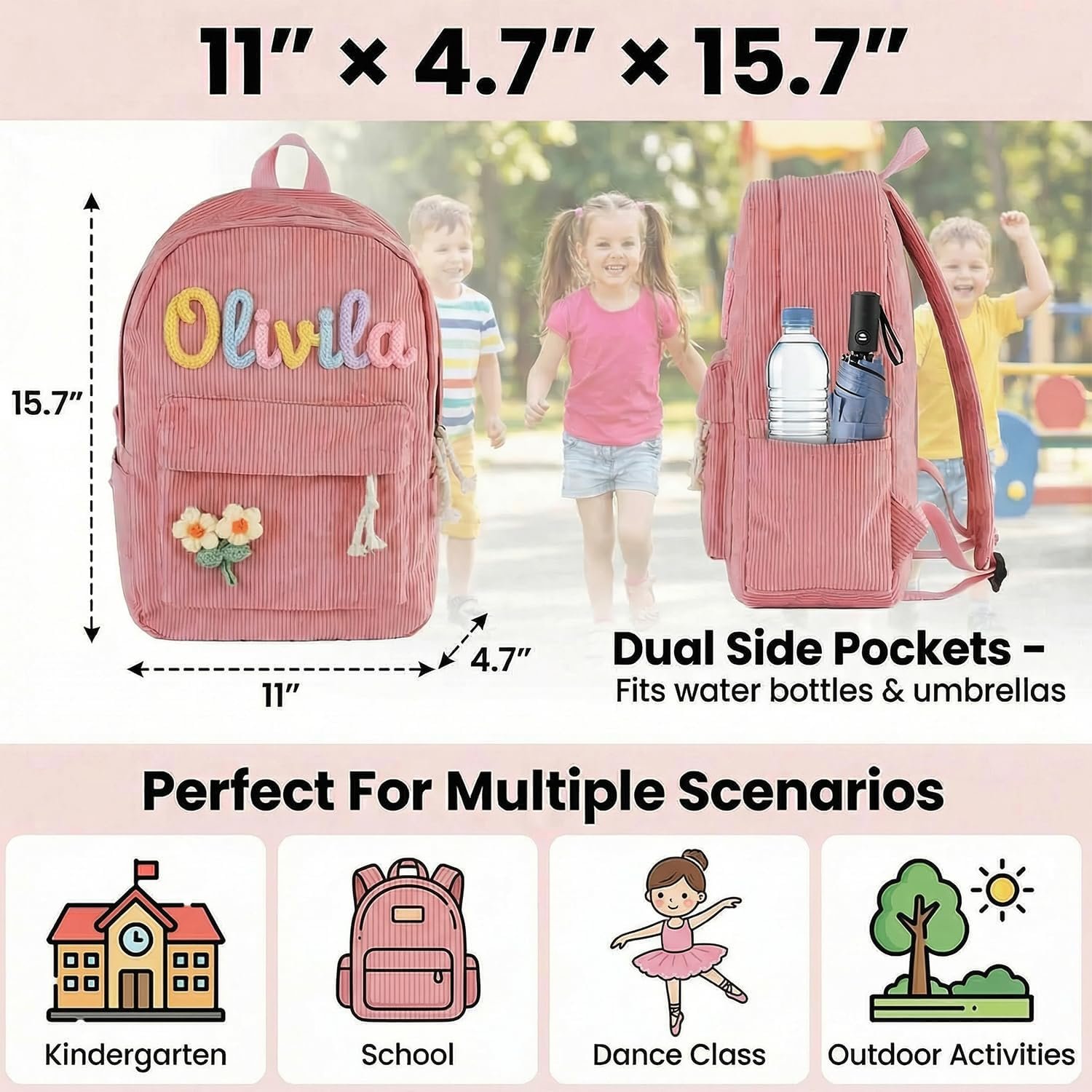 Custom Logo Private Label Corduroy Backpack for Girls and Boys with Hand-Woven Cotton Rope Embroidery 3D Name from Factory