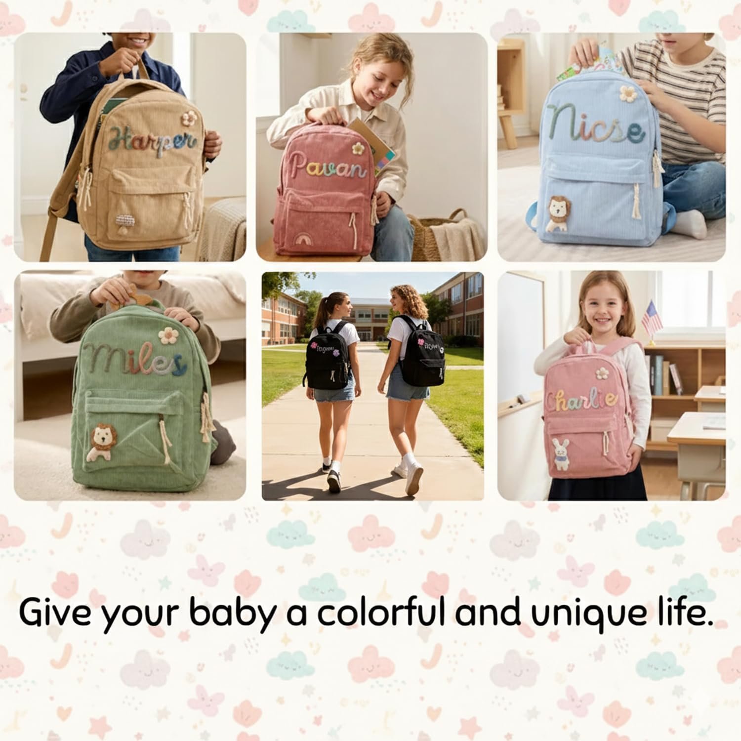 Custom Logo Private Label Corduroy Backpack for Girls and Boys with Hand-Woven Cotton Rope Embroidery 3D Name from Factory