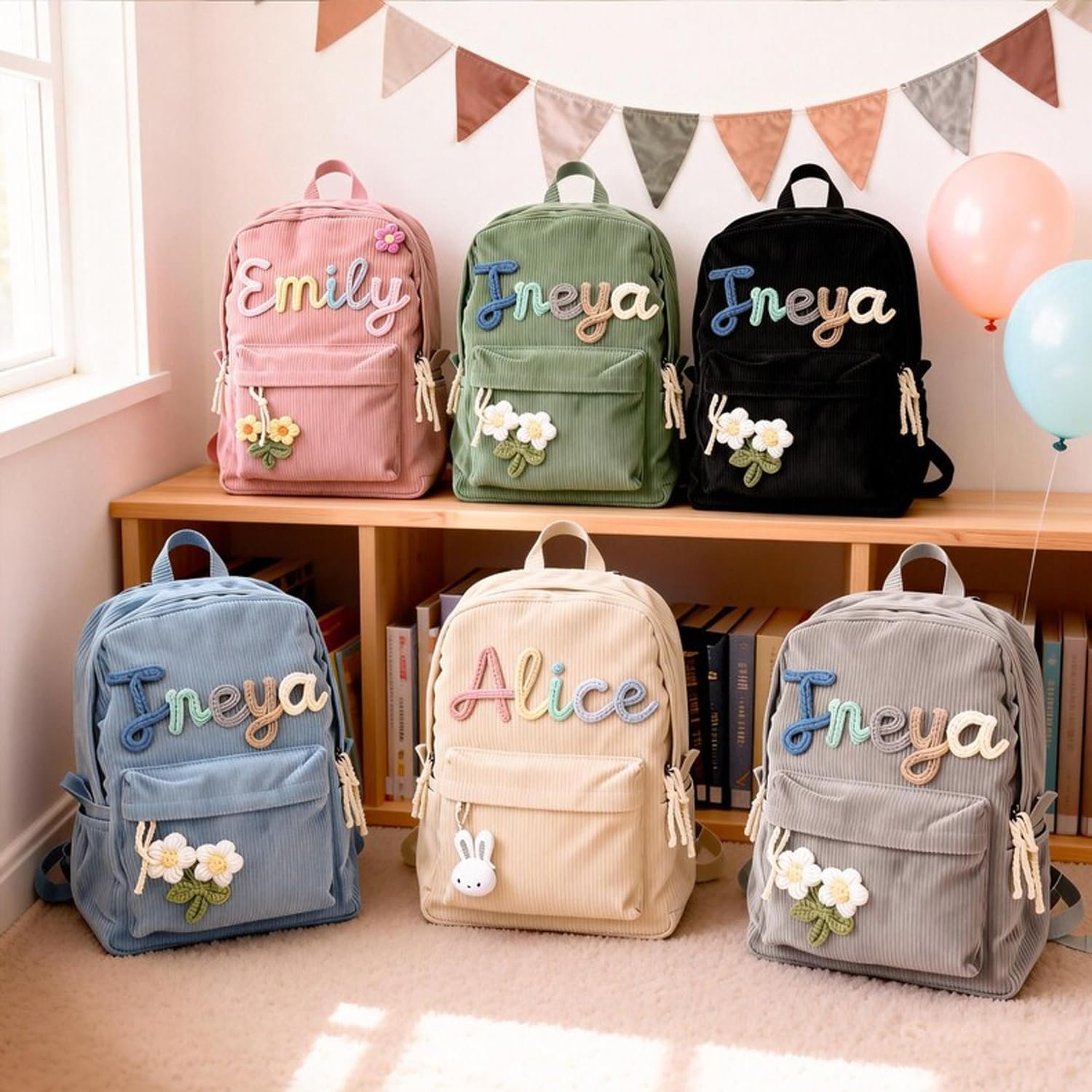 Custom Logo Private Label Corduroy Backpack for Girls and Boys with Hand-Woven Cotton Rope Embroidery 3D Name from Factory