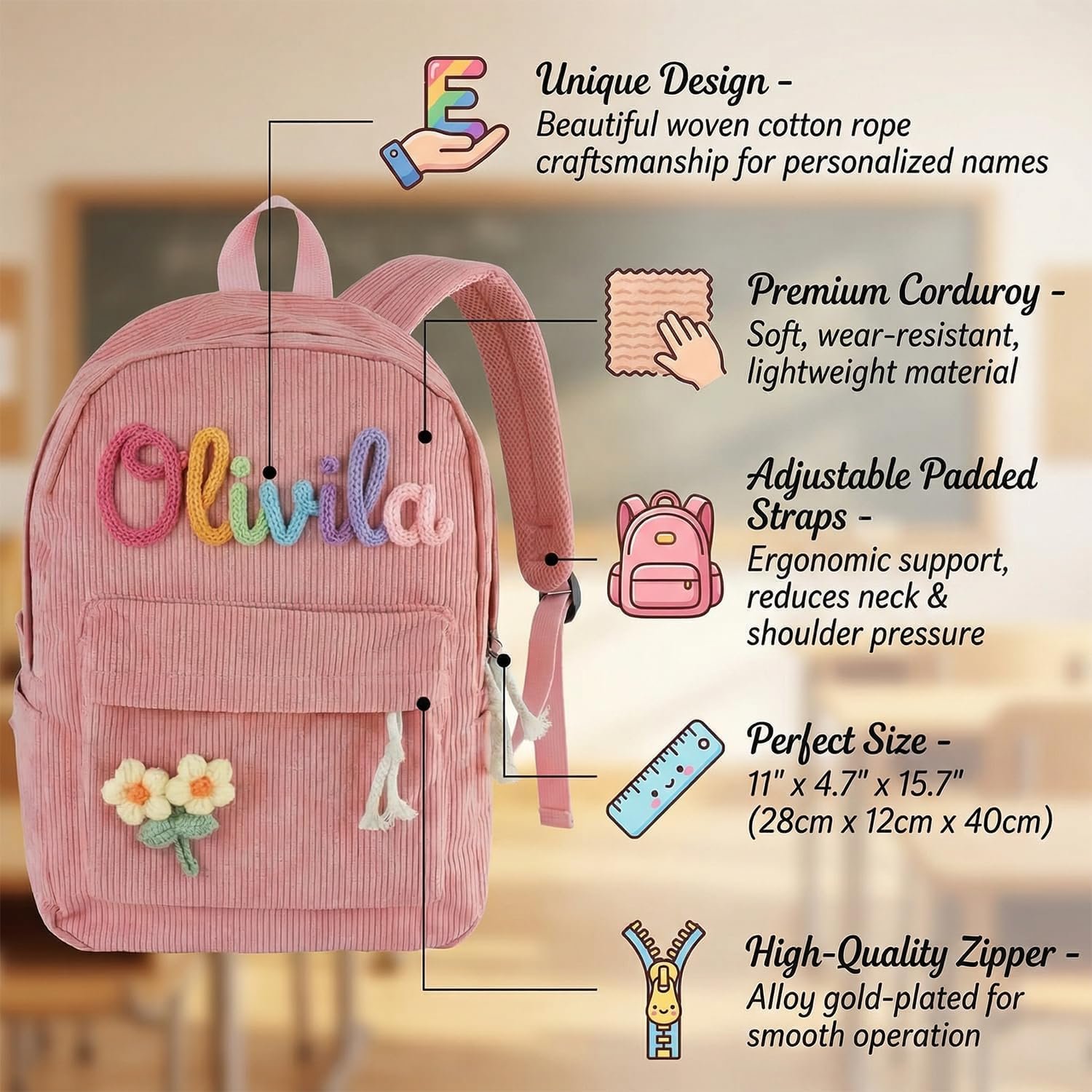 Custom Logo Private Label Corduroy Backpack for Girls and Boys with Hand-Woven Cotton Rope Embroidery 3D Name from Factory