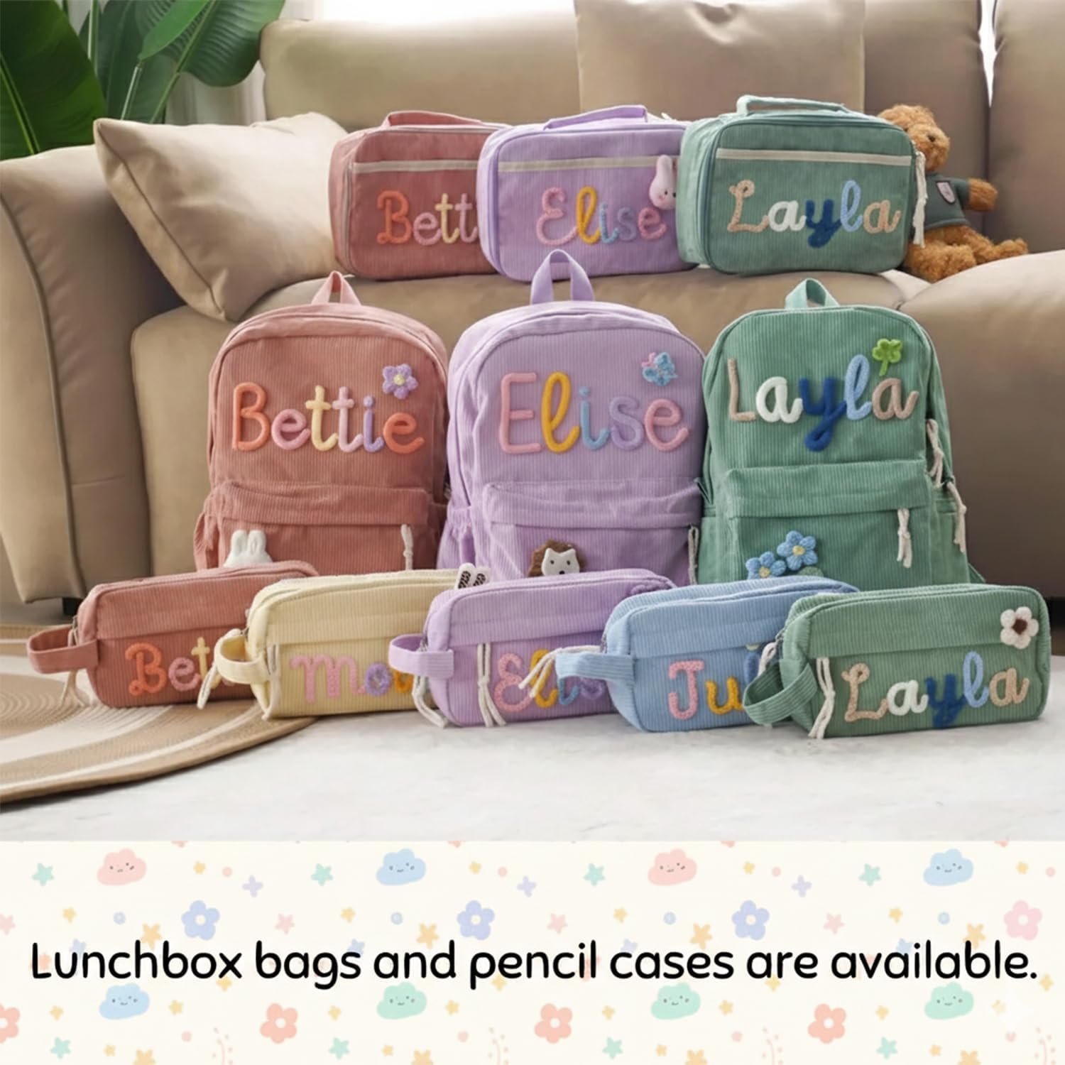 Custom Logo Private Label Corduroy Backpack for Girls and Boys with Hand-Woven Cotton Rope Embroidery 3D Name from Factory