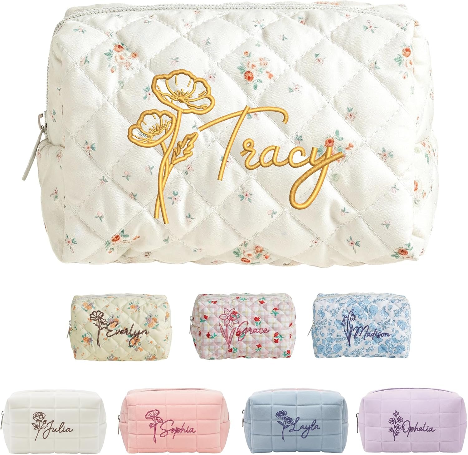 Private Label Custom Name Embroidered Makeup Bag Custom Logo Birth Flower Cosmetic Toiletry Pouch Manufacturer Bridesmaid Birthday Travel Gifts for Women