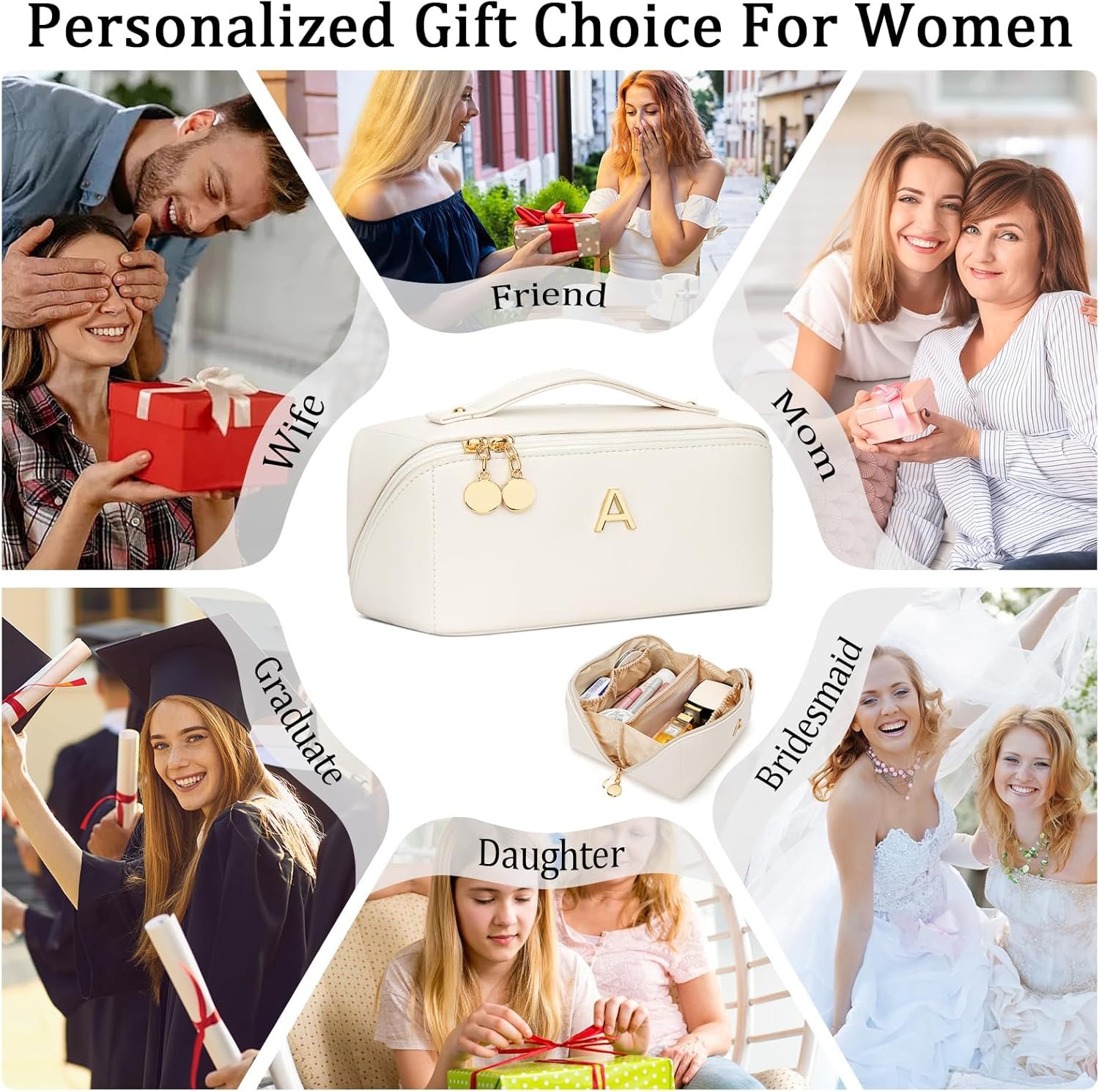 Private Label Bridesmaid Gifts for Women Custom Logo Personalized Initial Makeup Bag PU Leather Cosmetic Waterproof Travel Toiletry Bag (Medium) Factory