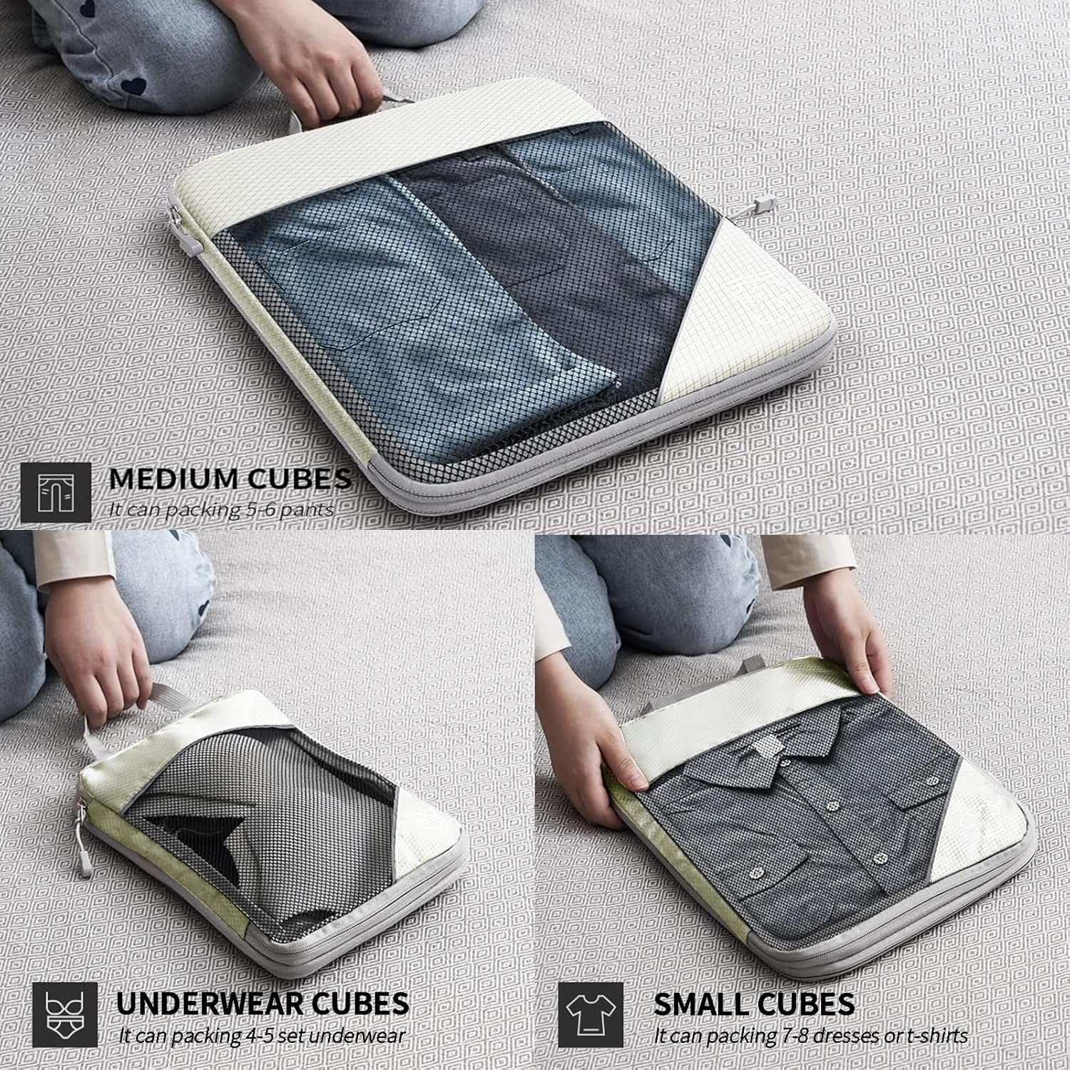 Custom Logo 9-Set Packing Cubes with Hanging Bag | Private Label 9-Size Combination Mesh Fabric & Reflective Stripe | Travel Luggage Organizers Factory (Beige)