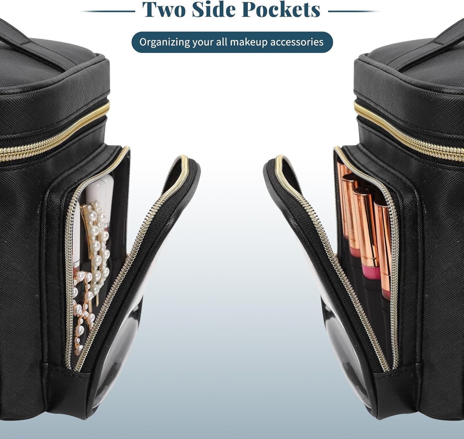 Private Label Large Portable Travel Makeup Bag Organizer for Women Girls with Custom Logo Makeup Brush Compartment Two Side Pockets Vertical Storage Cosmetic Toiletry Bag - Black by Manufacturer