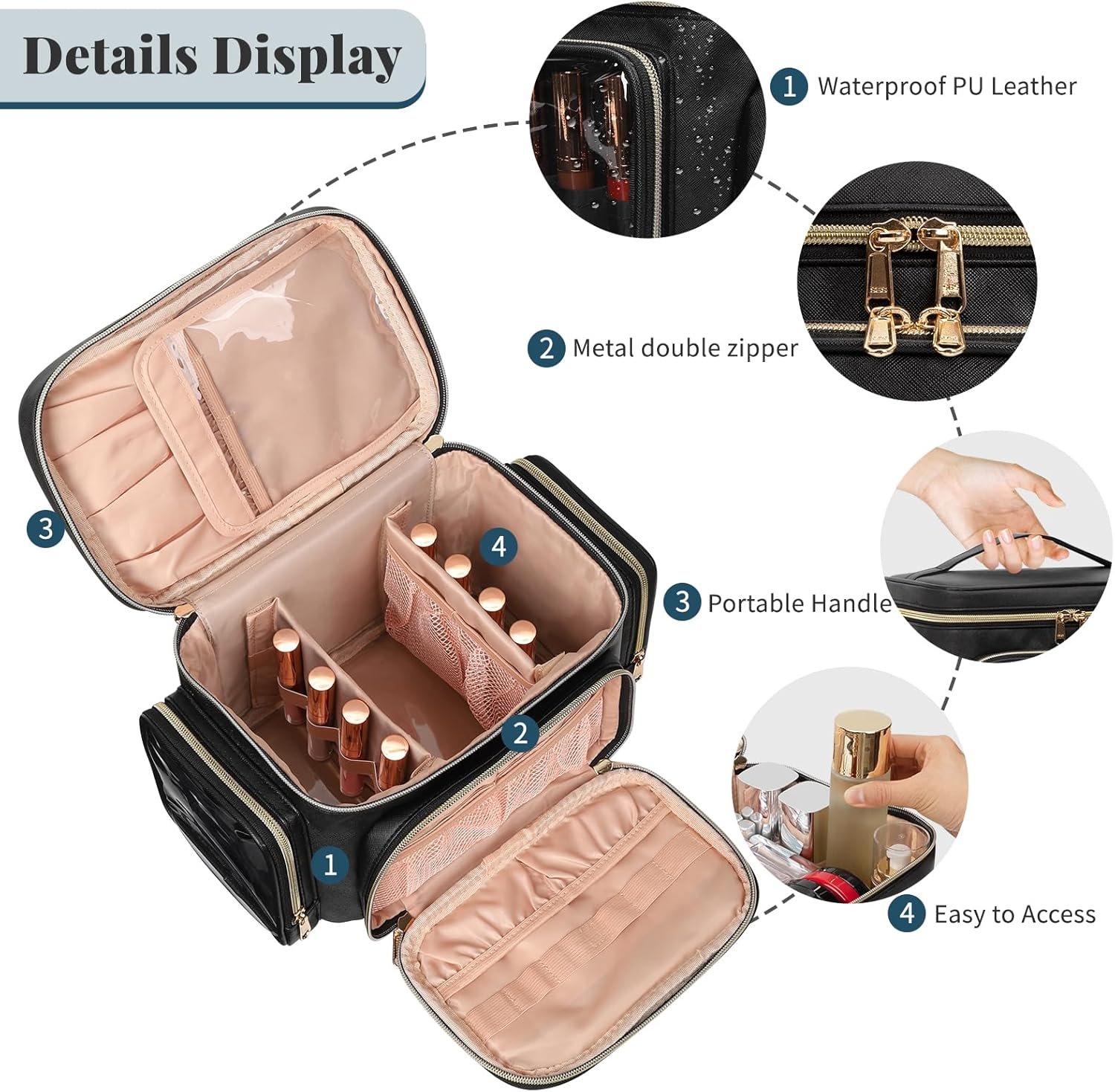 Private Label Large Portable Travel Makeup Bag Organizer for Women Girls with Custom Logo Makeup Brush Compartment Two Side Pockets Vertical Storage Cosmetic Toiletry Bag - Black by Manufacturer