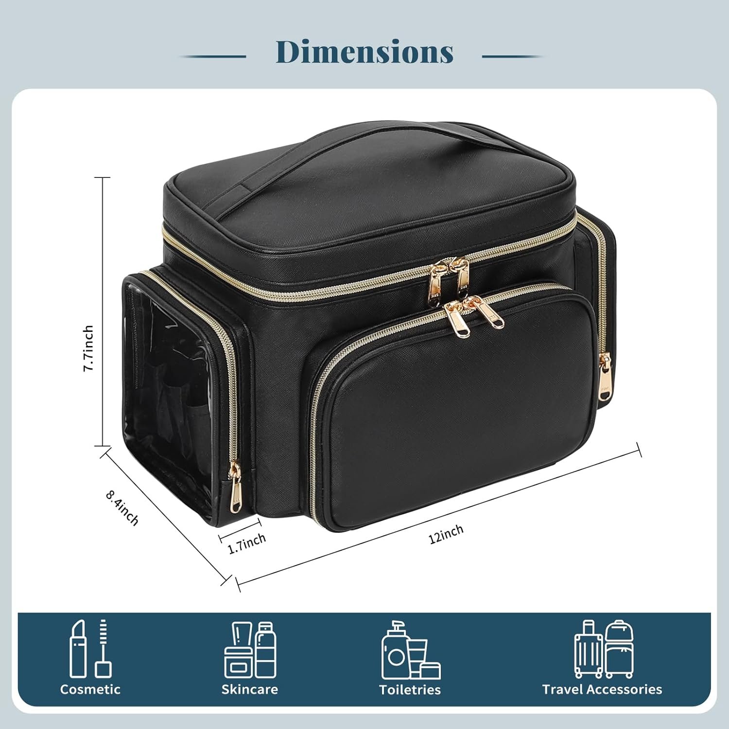 Private Label Large Portable Travel Makeup Bag Organizer for Women Girls with Custom Logo Makeup Brush Compartment Two Side Pockets Vertical Storage Cosmetic Toiletry Bag - Black by Manufacturer