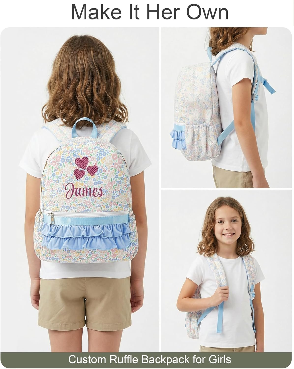 Custom Logo Personalized Girls Ruffle 14 Inch Backpack with Name Embroidery, Private Label Cute Floral Kindergarten Bookbag for Kids School Travel, Factory Preschool Daypack (Blue Floral) Custom Logo Personalized Girls Ruffle 14 Inch Backpack with Name Embroidery, Private Label Cute Floral Kindergarten Bookbag for Kids School Travel, Factory Preschool Daypack (Blue Floral)