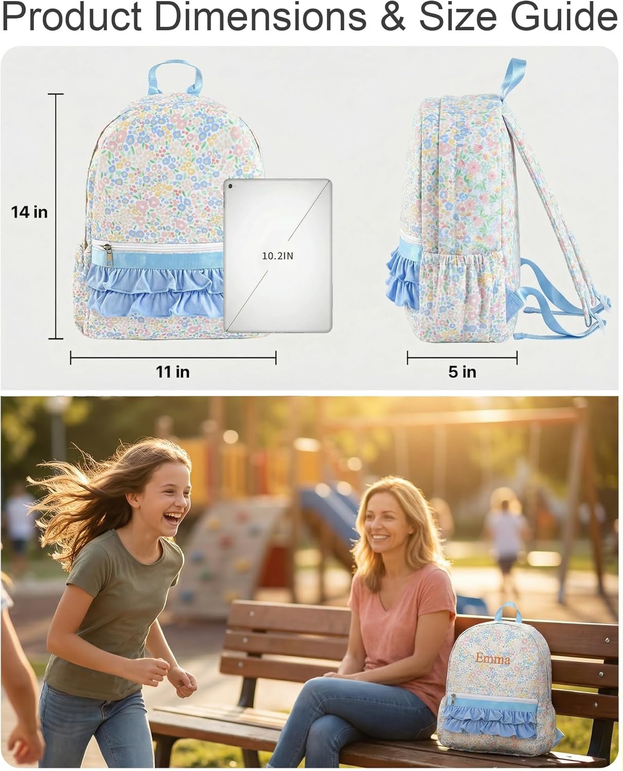 Custom Logo Personalized Girls Ruffle 14 Inch Backpack with Name Embroidery, Private Label Cute Floral Kindergarten Bookbag for Kids School Travel, Factory Preschool Daypack (Blue Floral) Custom Logo Personalized Girls Ruffle 14 Inch Backpack with Name Embroidery, Private Label Cute Floral Kindergarten Bookbag for Kids School Travel, Factory Preschool Daypack (Blue Floral)