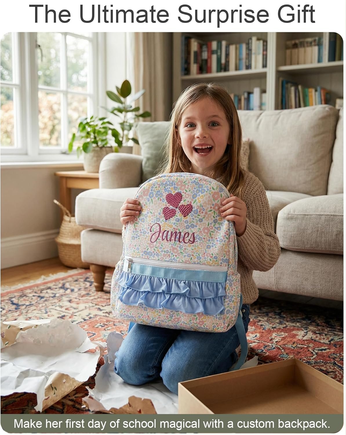 Custom Logo Personalized Girls Ruffle 14 Inch Backpack with Name Embroidery, Private Label Cute Floral Kindergarten Bookbag for Kids School Travel, Factory Preschool Daypack (Blue Floral) Custom Logo Personalized Girls Ruffle 14 Inch Backpack with Name Embroidery, Private Label Cute Floral Kindergarten Bookbag for Kids School Travel, Factory Preschool Daypack (Blue Floral)