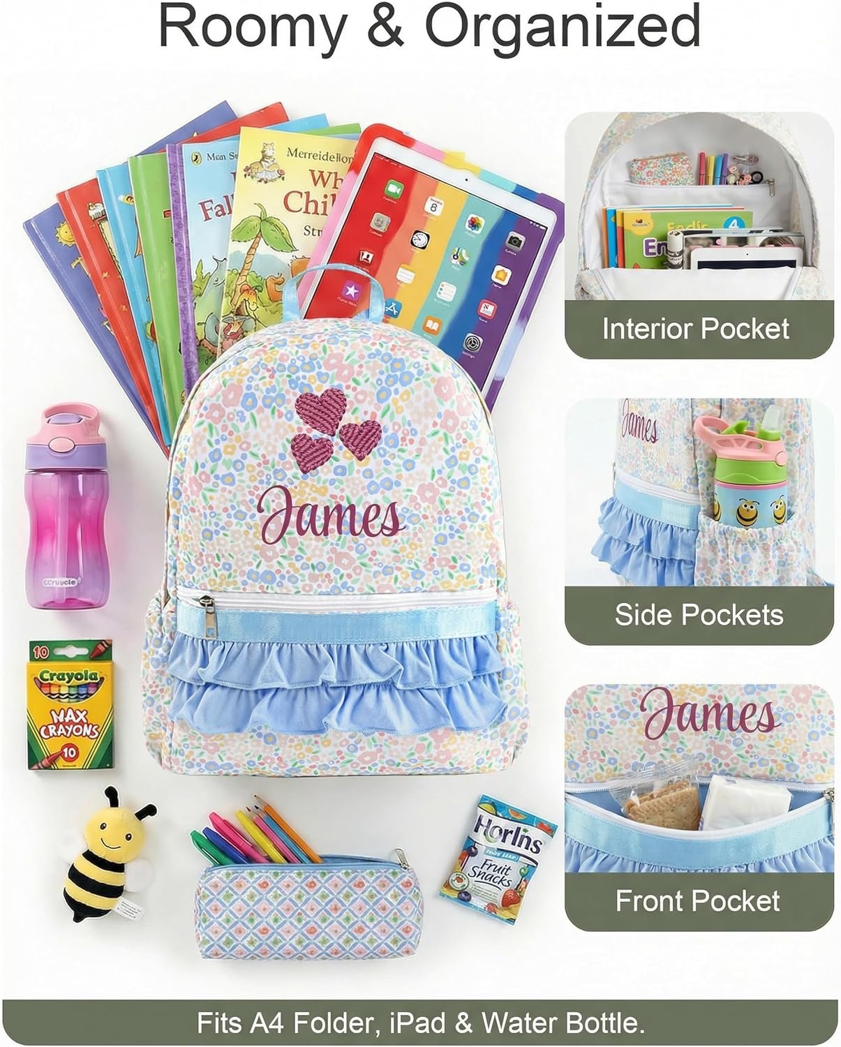 Custom Logo Personalized Girls Ruffle 14 Inch Backpack with Name Embroidery, Private Label Cute Floral Kindergarten Bookbag for Kids School Travel, Factory Preschool Daypack (Blue Floral) Custom Logo Personalized Girls Ruffle 14 Inch Backpack with Name Embroidery, Private Label Cute Floral Kindergarten Bookbag for Kids School Travel, Factory Preschool Daypack (Blue Floral)