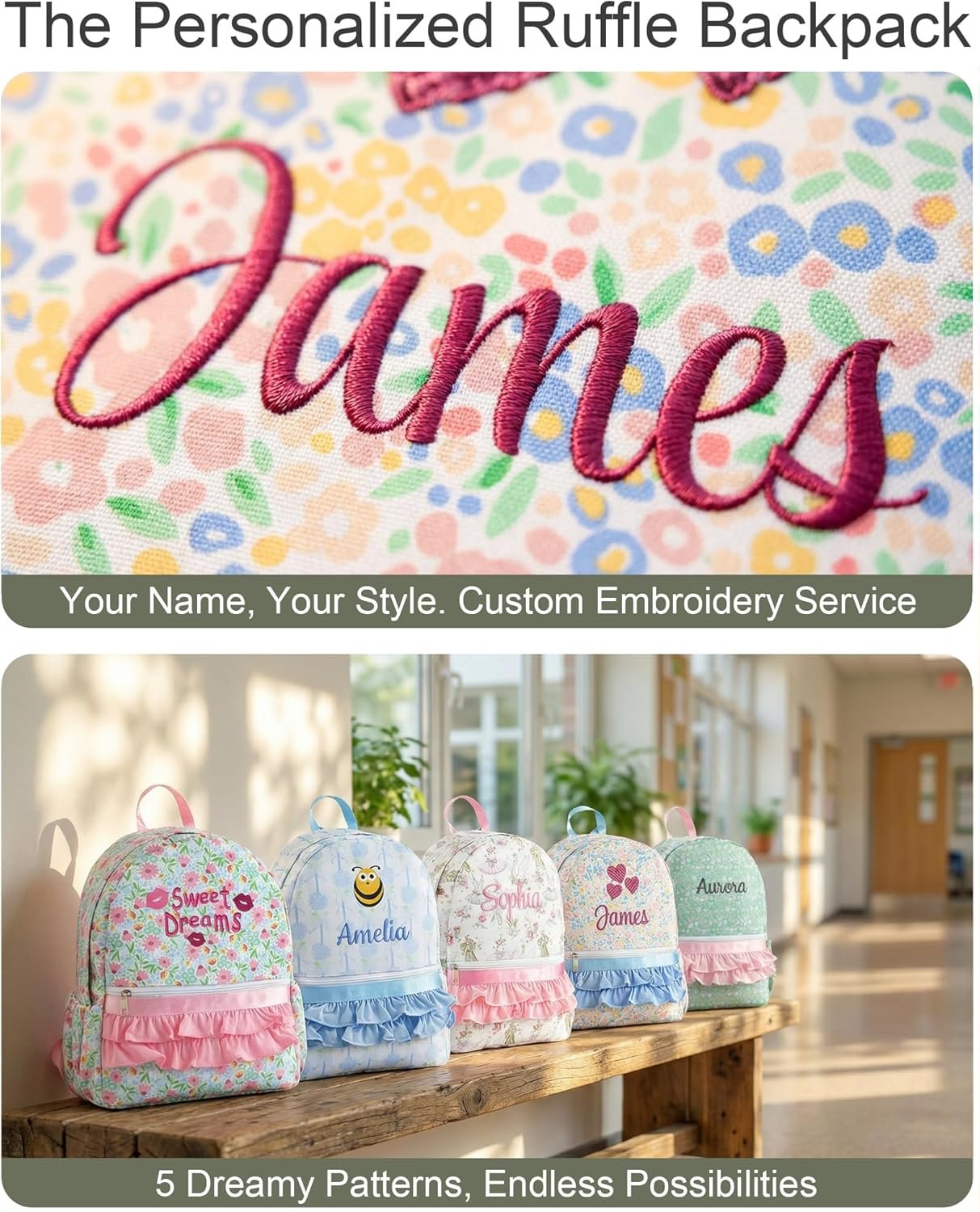 Custom Logo Personalized Girls Ruffle 14 Inch Backpack with Name Embroidery, Private Label Cute Floral Kindergarten Bookbag for Kids School Travel, Factory Preschool Daypack (Blue Floral) Custom Logo Personalized Girls Ruffle 14 Inch Backpack with Name Embroidery, Private Label Cute Floral Kindergarten Bookbag for Kids School Travel, Factory Preschool Daypack (Blue Floral)