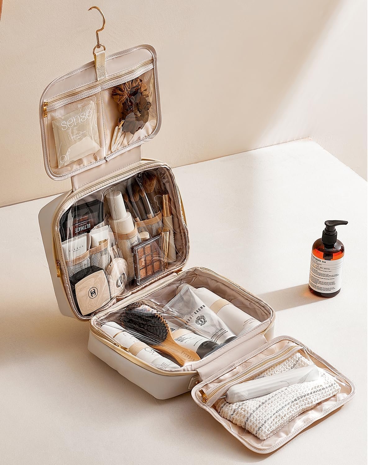 Custom Logo Toiletry Bag with Hanging Hook 4 Compartments, Private Label PU Leather Waterproof Travel Makeup Organizer for Women, Full-Size Portable Cosmetic Bag Manufacturer (Beige) Custom Logo Toiletry Bag with Hanging Hook 4 Compartments, Private Label PU Leather Waterproof Travel Makeup Organizer for Women, Full-Size Portable Cosmetic Bag Manufacturer (Beige)