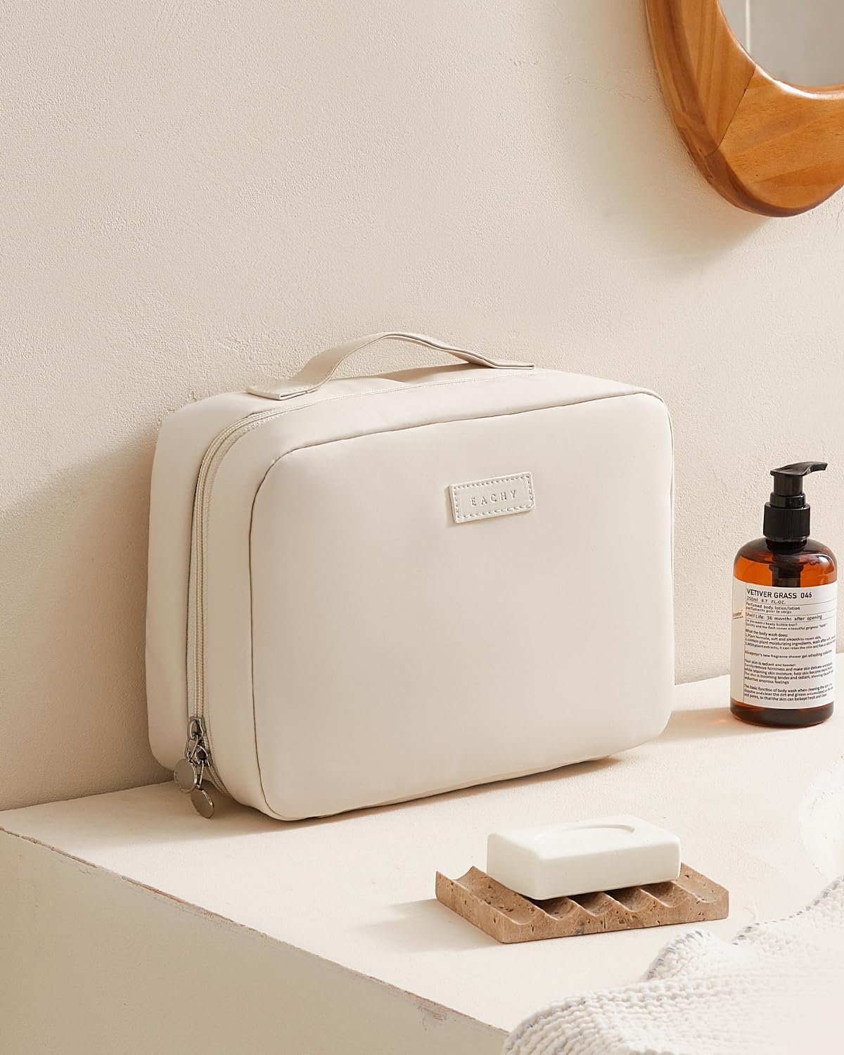 Custom Logo Toiletry Bag with Hanging Hook 4 Compartments, Private Label PU Leather Waterproof Travel Makeup Organizer for Women, Full-Size Portable Cosmetic Bag Manufacturer (Beige) Custom Logo Toiletry Bag with Hanging Hook 4 Compartments, Private Label PU Leather Waterproof Travel Makeup Organizer for Women, Full-Size Portable Cosmetic Bag Manufacturer (Beige)