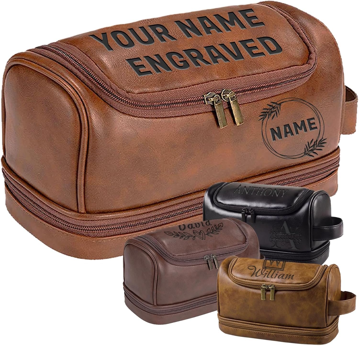 Custom Logo Personalized Toiletry Bag for Men Private Label Engraved PU Leather Travel Organizer Kit with Hanging Hook Gift for Husband Boyfriend Dad Manufacturer