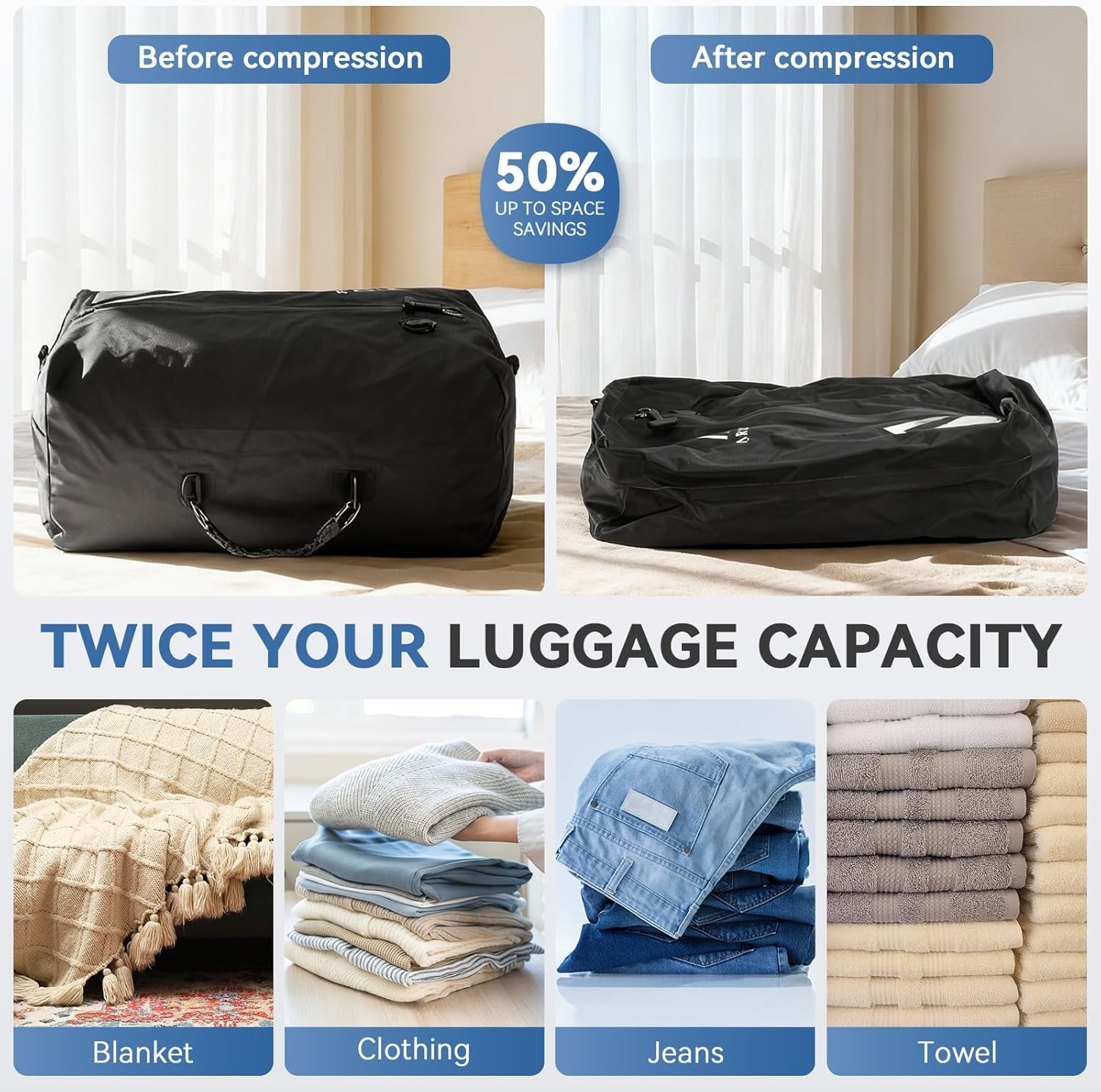 Private Label Vacuum Bags for Travel Airless Compression Seal Packing Cubes with Custom Logo Adjustable Shoulder Strap IP67 Reusable Portable Moving Kit Manufacturer for Clothing Storage Luggage Backpack Suitcase