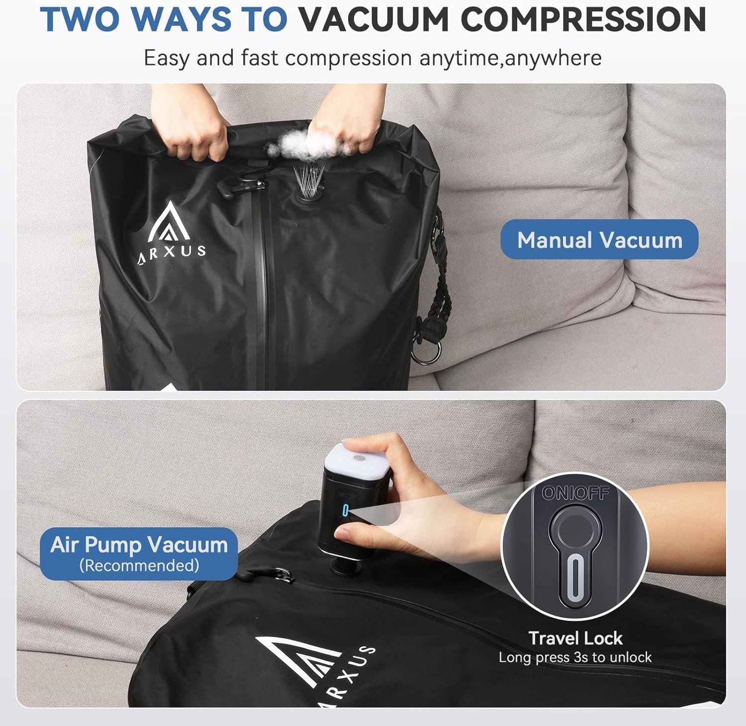 Private Label Vacuum Bags for Travel Airless Compression Seal Packing Cubes with Custom Logo Adjustable Shoulder Strap IP67 Reusable Portable Moving Kit Manufacturer for Clothing Storage Luggage Backpack Suitcase