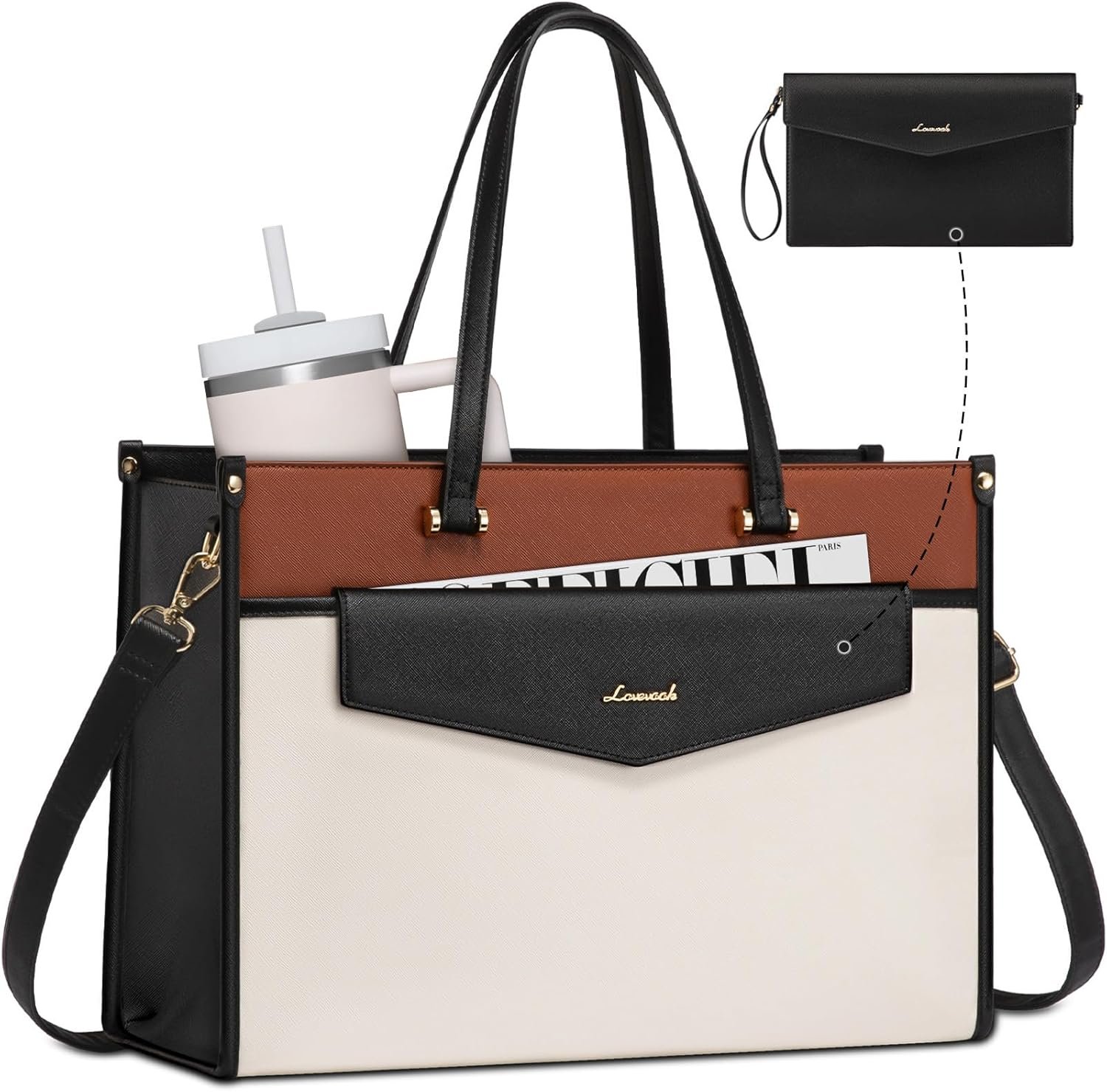 Private Label 15.6'' Laptop Bag for Women 2-in-1 Tote Purse Professional Business Briefcase with Clutch Custom Logo Waterproof Leather Computer Handbag Manufacturer for Teacher Office Travel