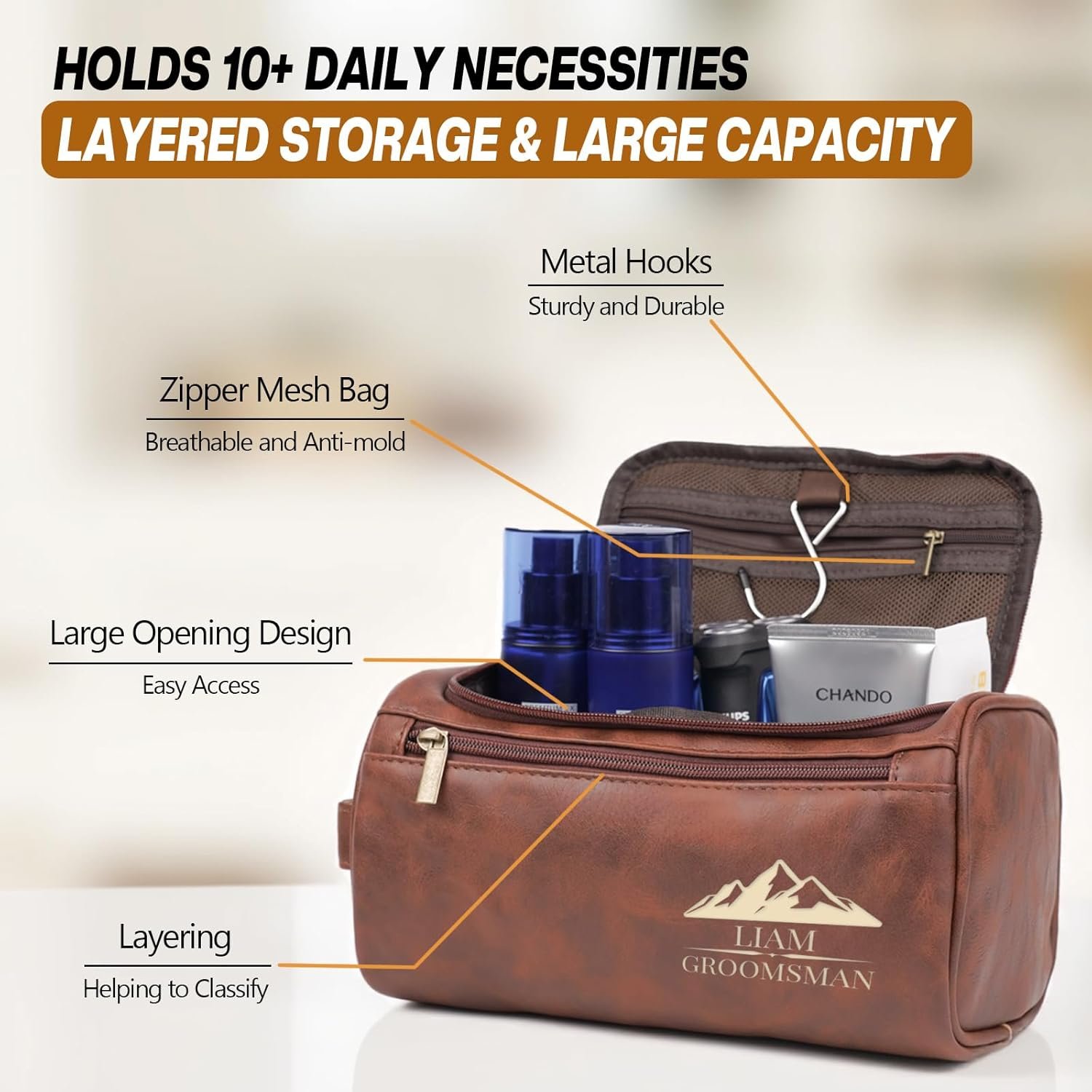 Private Label Toiletry Bag for Men Custom Logo Monogram Water-Resistant Mens Travel Organizer with Multiple Compartments Manufacturer Groomsmen Valentines Day Gifts