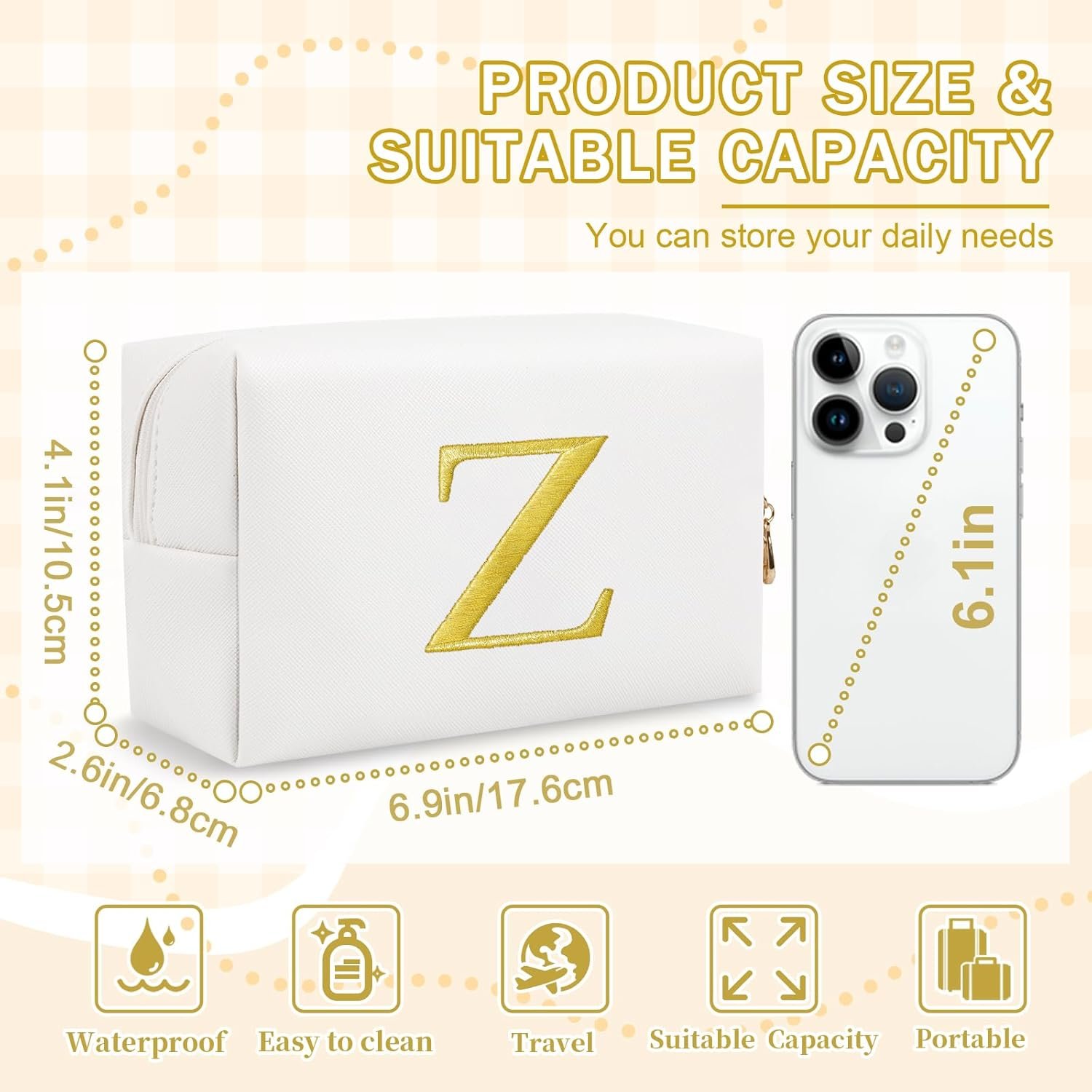 Private Label Personalized Initial Makeup Bag Preppy Gold Embroidered Letter Cosmetic Bag Manufacturer Small Travel Toiletry Bag Stocking Stuffers Custom Logo for Teen Girls Women Mom Kids Christmas Birthday White-Z