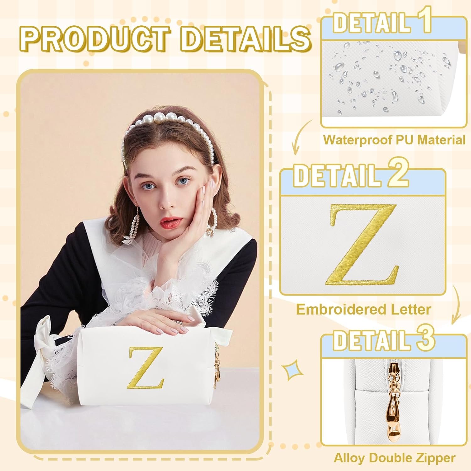 Private Label Personalized Initial Makeup Bag Preppy Gold Embroidered Letter Cosmetic Bag Manufacturer Small Travel Toiletry Bag Stocking Stuffers Custom Logo for Teen Girls Women Mom Kids Christmas Birthday White-Z
