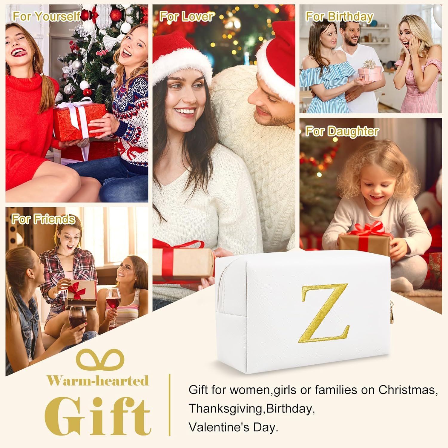 Private Label Personalized Initial Makeup Bag Preppy Gold Embroidered Letter Cosmetic Bag Manufacturer Small Travel Toiletry Bag Stocking Stuffers Custom Logo for Teen Girls Women Mom Kids Christmas Birthday White-Z