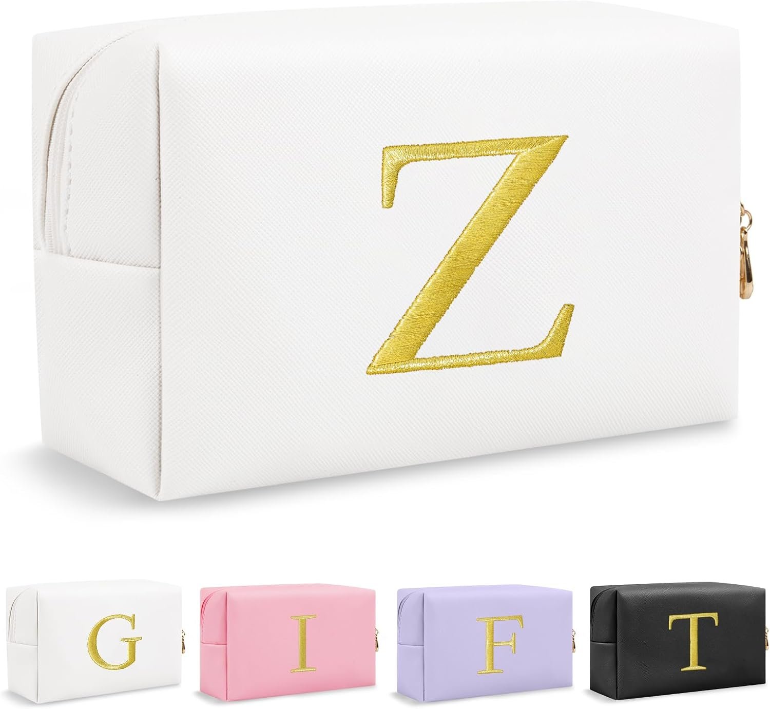 Private Label Personalized Initial Makeup Bag Preppy Gold Embroidered Letter Cosmetic Bag Manufacturer Small Travel Toiletry Bag Stocking Stuffers Custom Logo for Teen Girls Women Mom Kids Christmas Birthday White-Z
