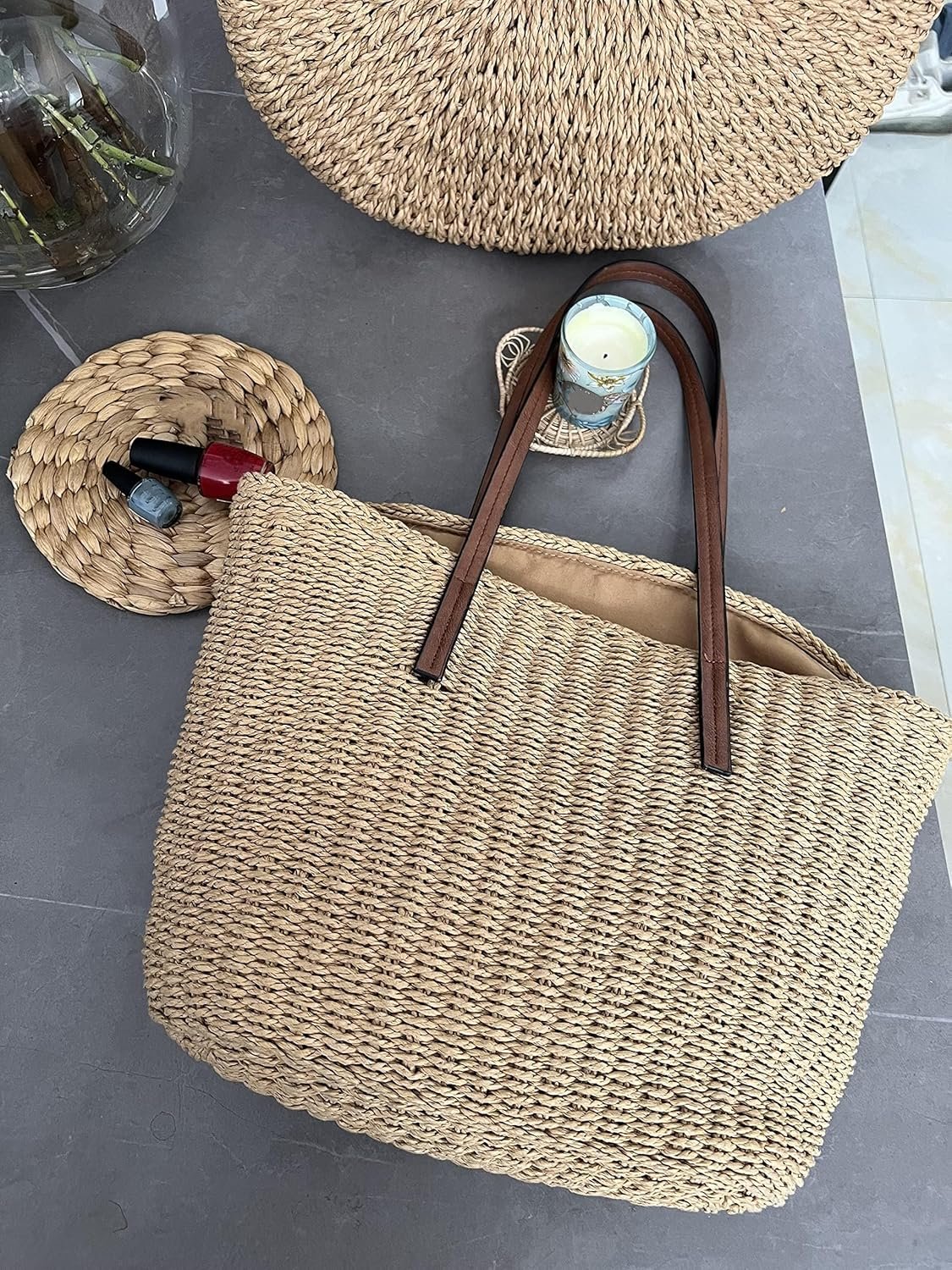 Custom Logo M Size Straw Tote Bags for Women Woven Summer Travel Handmade Private Label Shoulder Handbag Manufacturer