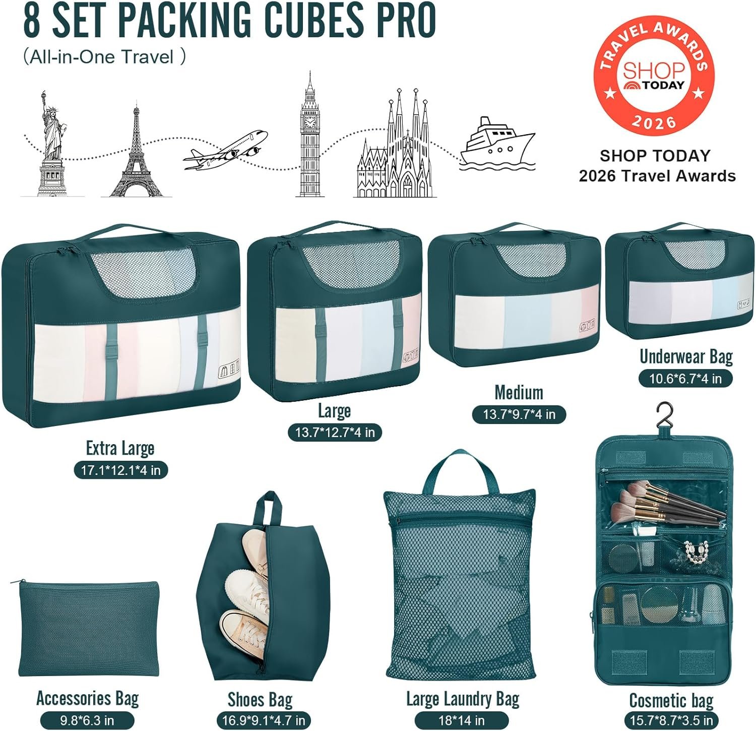 Custom Logo 8 Set Packing Cubes for Travel Essentials Private Label Suitcase Organizer Bags in 4 Sizes Carry-On Luggage Accessories with Large Laundry and Hanging Toiletry Bag Manufacturer Must-Have for Airplane Road Trip Camping