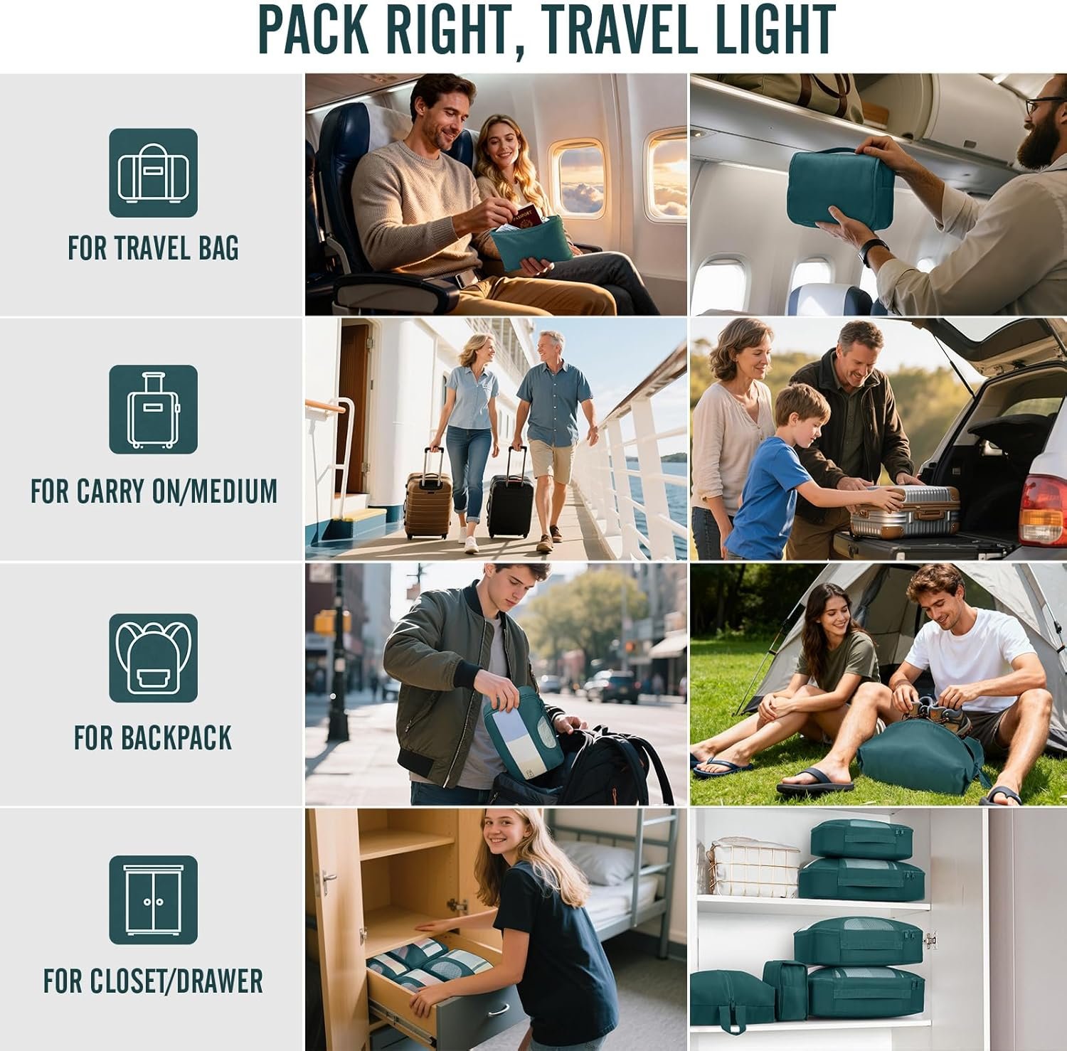 Custom Logo 8 Set Packing Cubes for Travel Essentials Private Label Suitcase Organizer Bags in 4 Sizes Carry-On Luggage Accessories with Large Laundry and Hanging Toiletry Bag Manufacturer Must-Have for Airplane Road Trip Camping