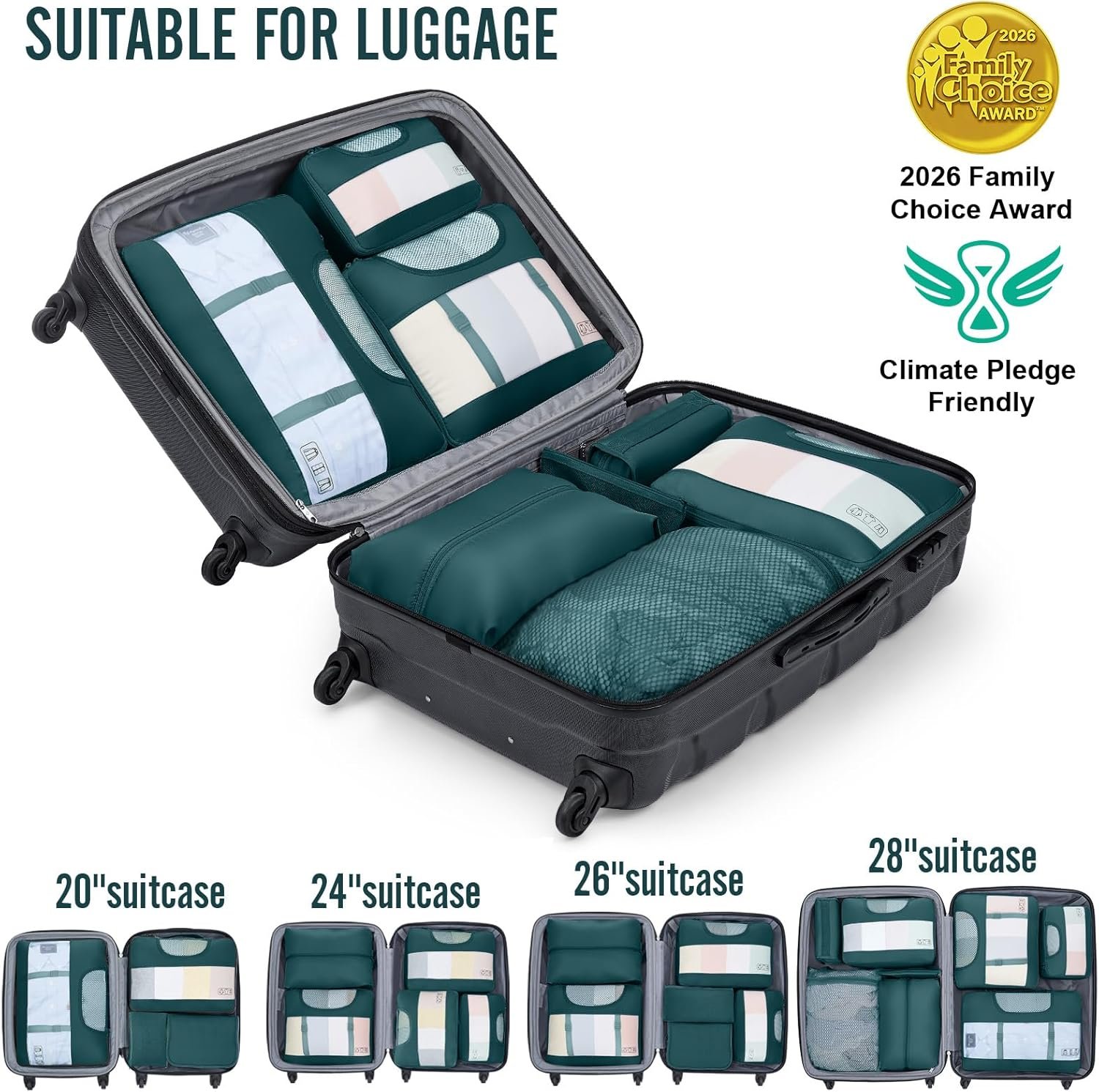 Custom Logo 8 Set Packing Cubes for Travel Essentials Private Label Suitcase Organizer Bags in 4 Sizes Carry-On Luggage Accessories with Large Laundry and Hanging Toiletry Bag Manufacturer Must-Have for Airplane Road Trip Camping