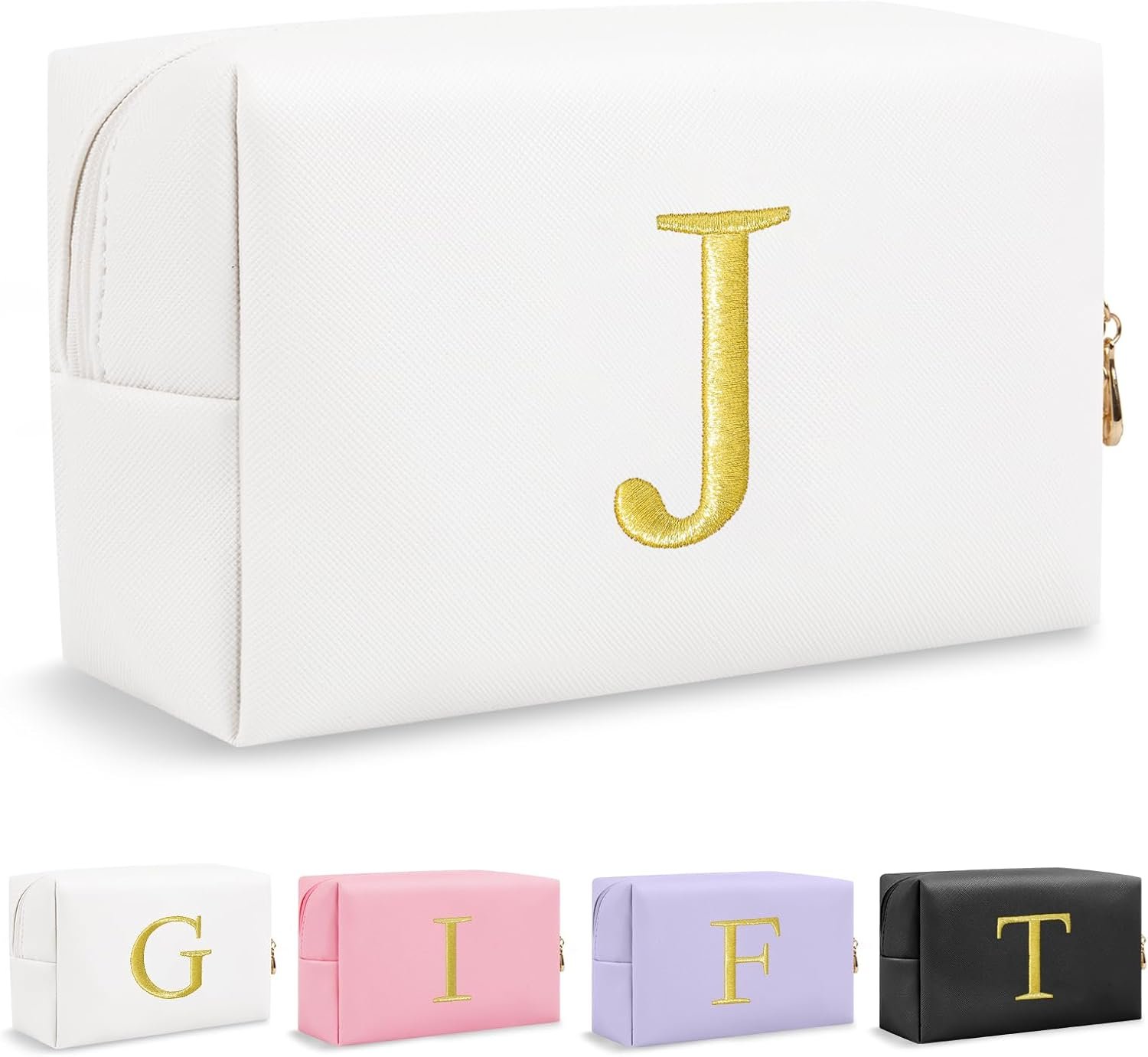 Factory Direct Personalized Initial Makeup Bag Preppy Gold Embroidered Letter Cosmetic Bag Custom Logo Small Travel Toiletry Bag Stocking Stuffers for Teen Girls Private Label Christmas Birthday Gift for Women Mom Kids(White-J)