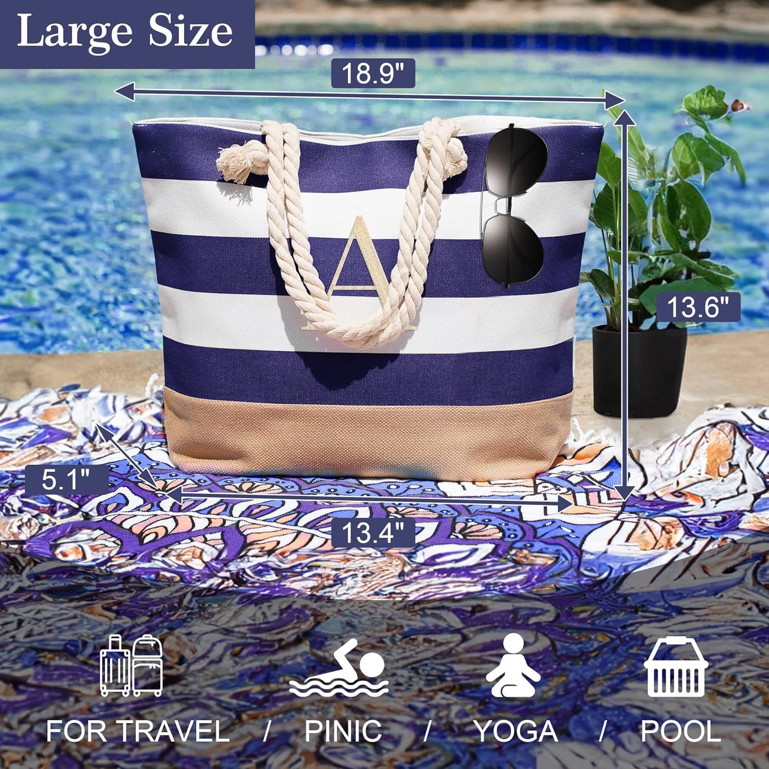 Custom Logo Initial Canvas Waterproof Beach Tote Bag Zipper Private Label Personalized Gifts for Women Birthday Travel Essentials Manufacturer Custom Logo Initial Canvas Waterproof Beach Tote Bag Zipper Private Label Personalized Gifts for Women Birthday Travel Essentials Manufacturer