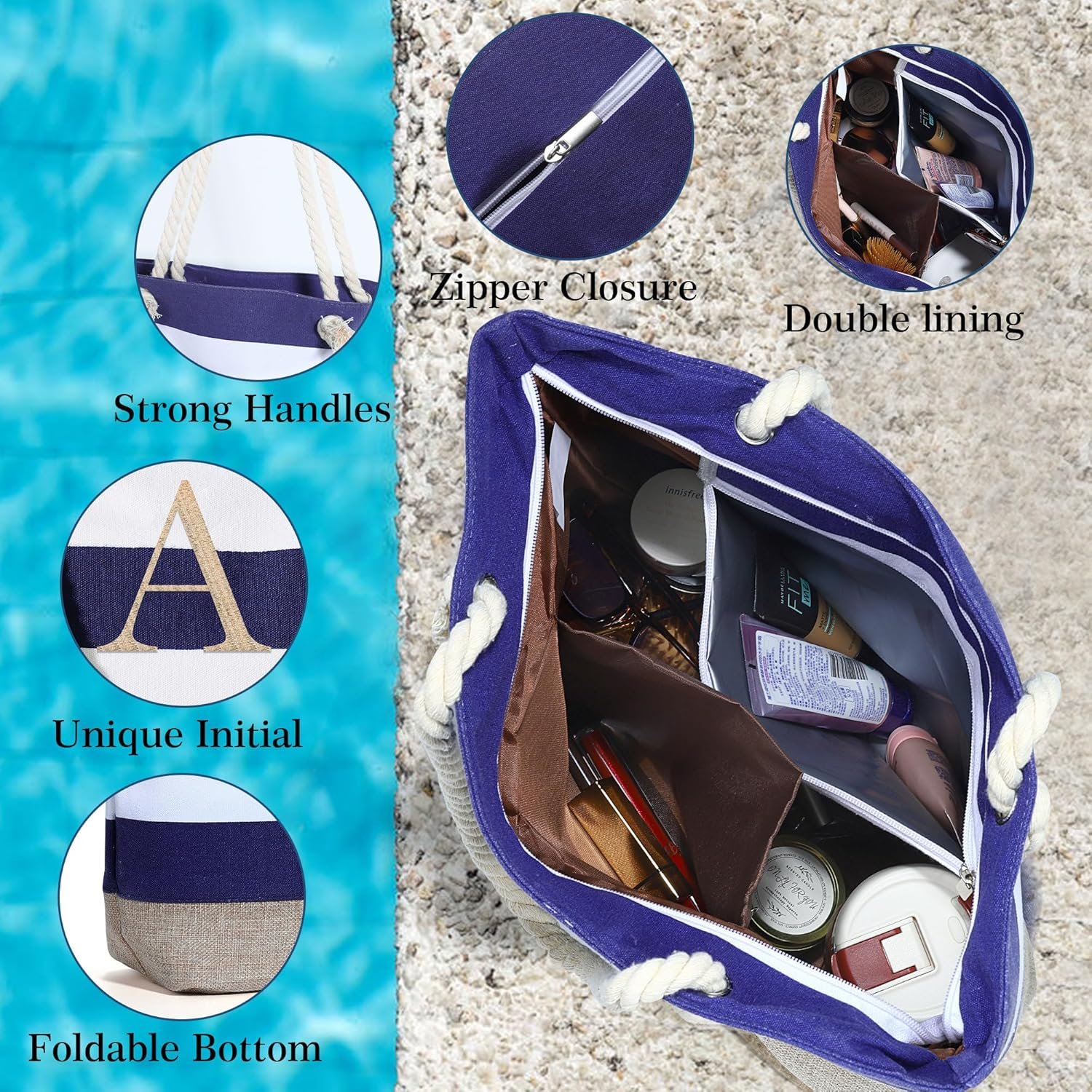 Custom Logo Initial Canvas Waterproof Beach Tote Bag Zipper Private Label Personalized Gifts for Women Birthday Travel Essentials Manufacturer Custom Logo Initial Canvas Waterproof Beach Tote Bag Zipper Private Label Personalized Gifts for Women Birthday Travel Essentials Manufacturer