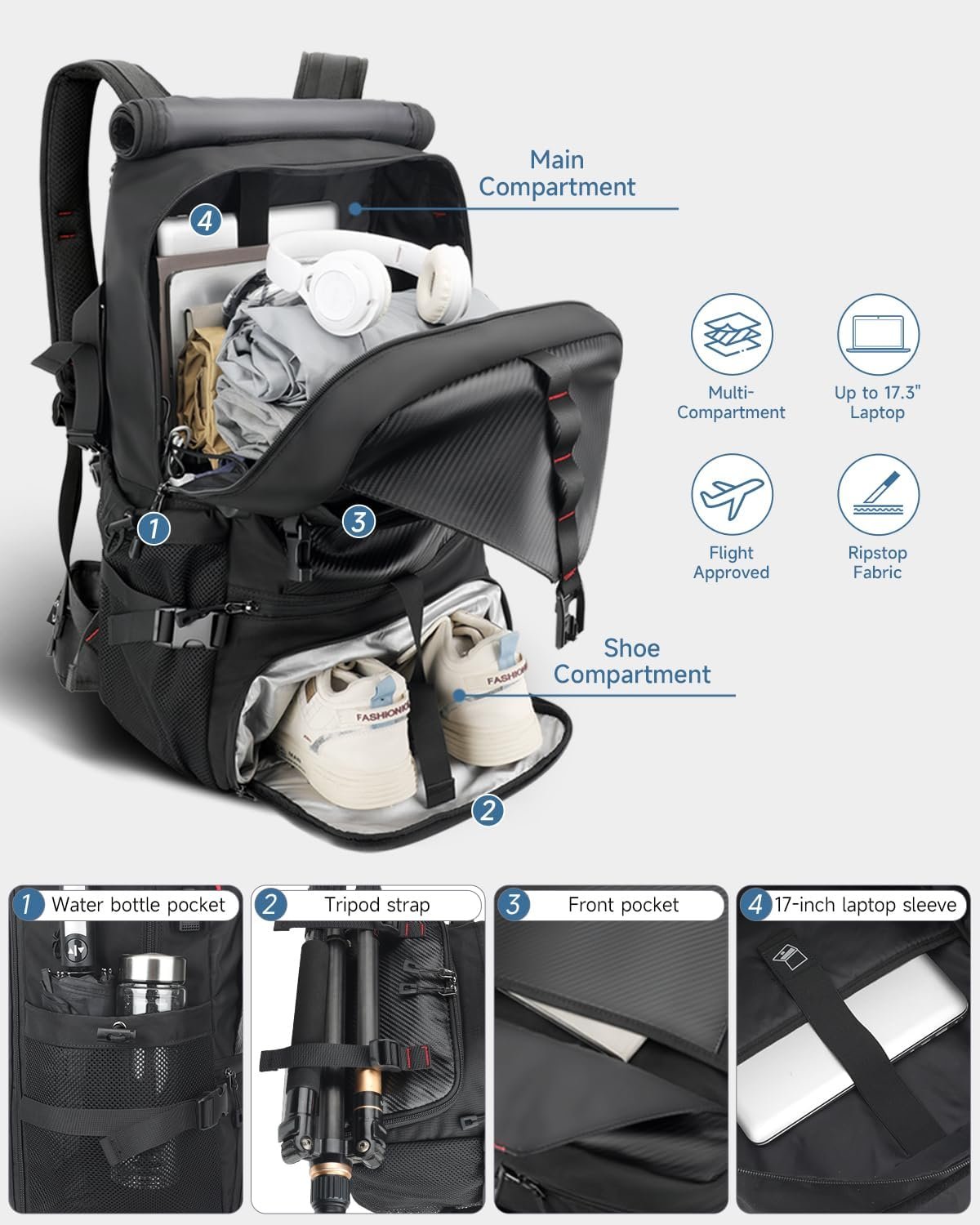 Private Label 50L Black Travel Backpack Custom Logo Lightweight Durable Water-Resistant Carry-On Flight-Approved Business Rucksack with Shoe Compartment Weekender Fits 17.3-Inch Laptop Manufacturer Private Label 50L Black Travel Backpack Custom Logo Lightweight Durable Water-Resistant Carry-On Flight-Approved Business Rucksack with Shoe Compartment Weekender Fits 17.3-Inch Laptop Manufacturer