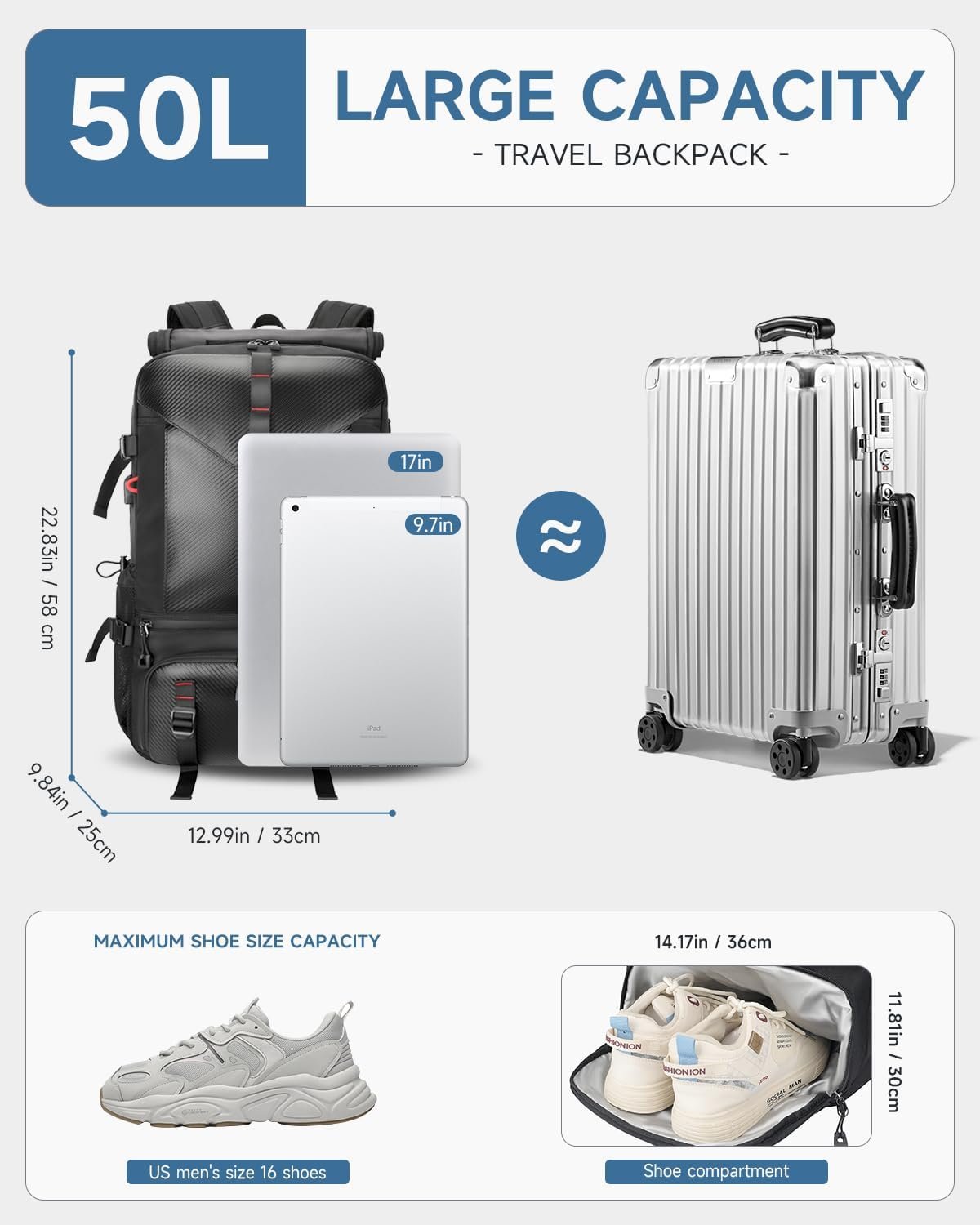 Private Label 50L Black Travel Backpack Custom Logo Lightweight Durable Water-Resistant Carry-On Flight-Approved Business Rucksack with Shoe Compartment Weekender Fits 17.3-Inch Laptop Manufacturer Private Label 50L Black Travel Backpack Custom Logo Lightweight Durable Water-Resistant Carry-On Flight-Approved Business Rucksack with Shoe Compartment Weekender Fits 17.3-Inch Laptop Manufacturer